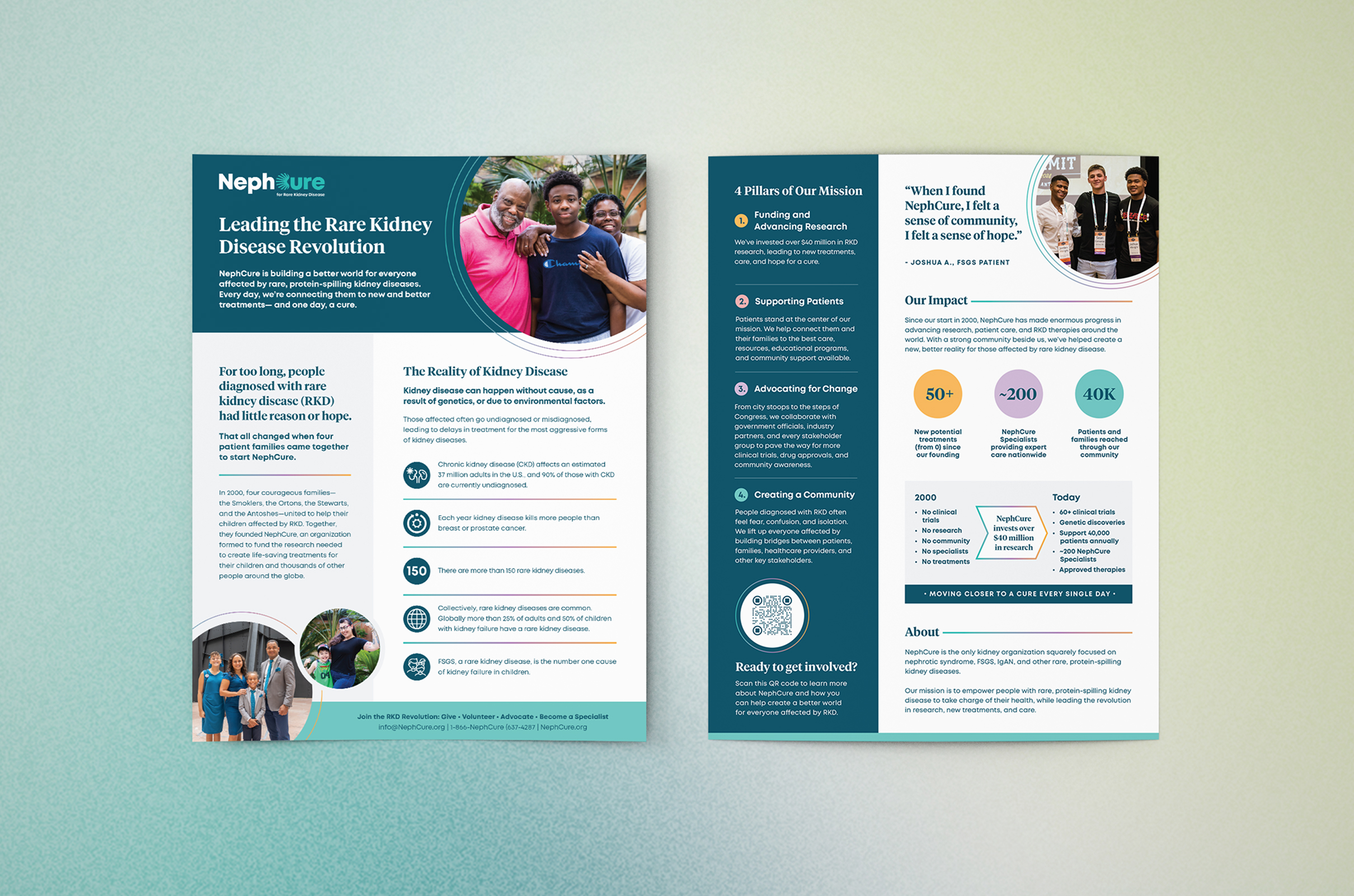 Two-page brochure about Nephure, leading a rare kidney disease revolution. Features mission pillars, patient quotes, impact stats, and photos of diverse people smiling. Background is light gradient with teal accents.