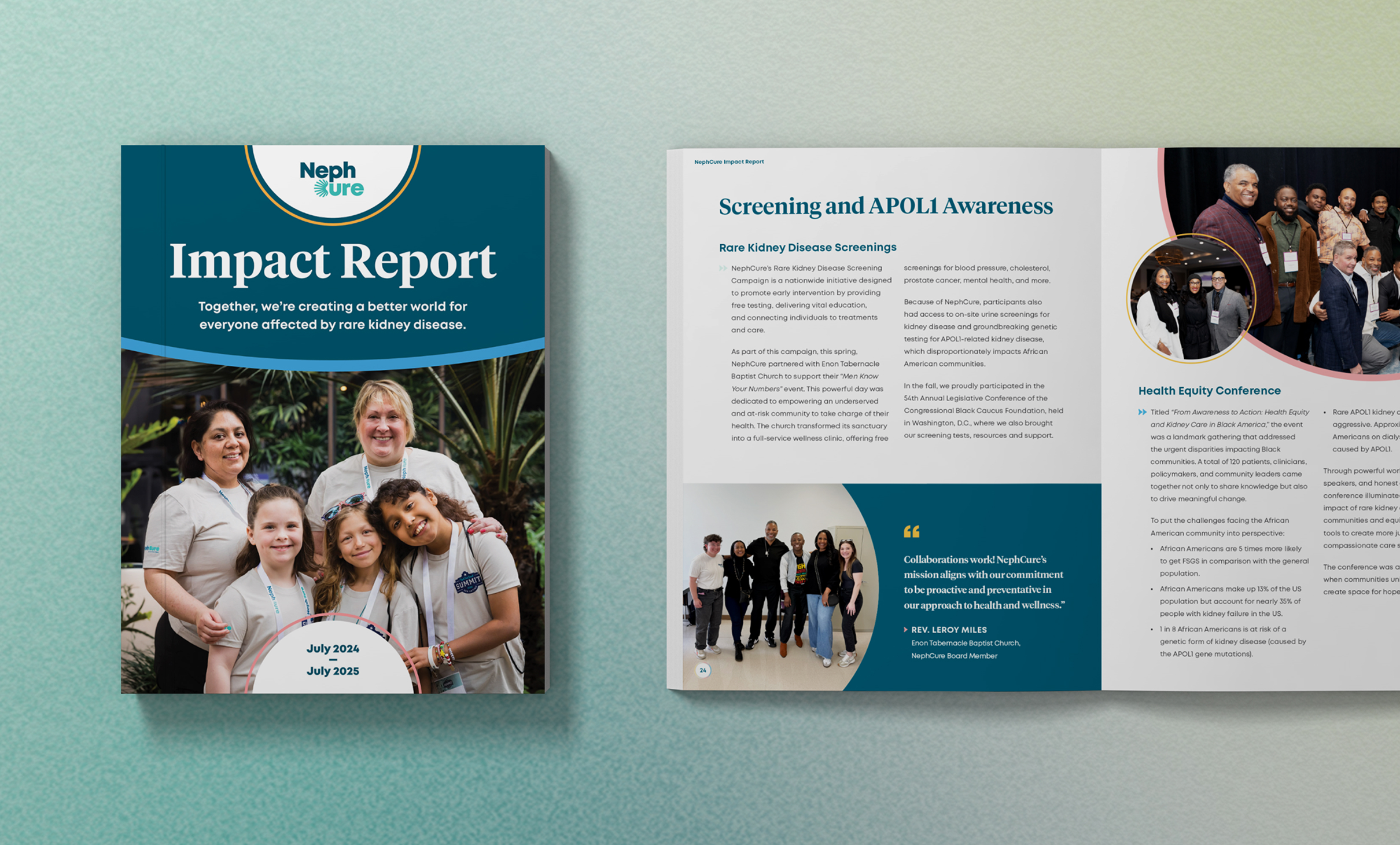 NephCure Impact Report cover and inside spread. Cover shows smiling group of diverse individuals, including children, with text about kidney disease. Inside features text on screening and awareness, photos of people at a conference, evoking a collaborative and hopeful tone.