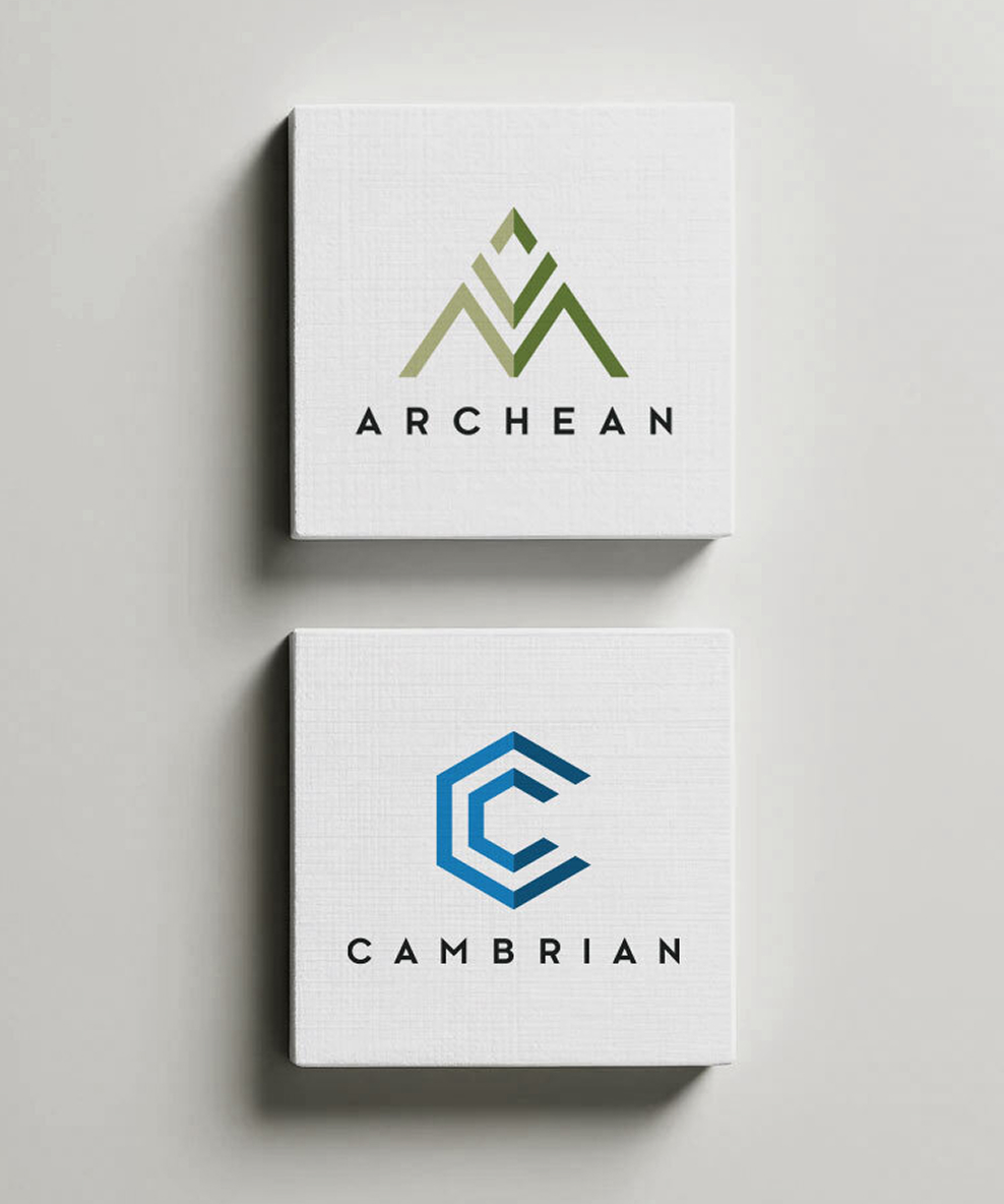 Two minimalist logos on a white background: Archean with green geometric shapes and Cambrian with blue hexagonal forms. Both convey a modern, professional feel.