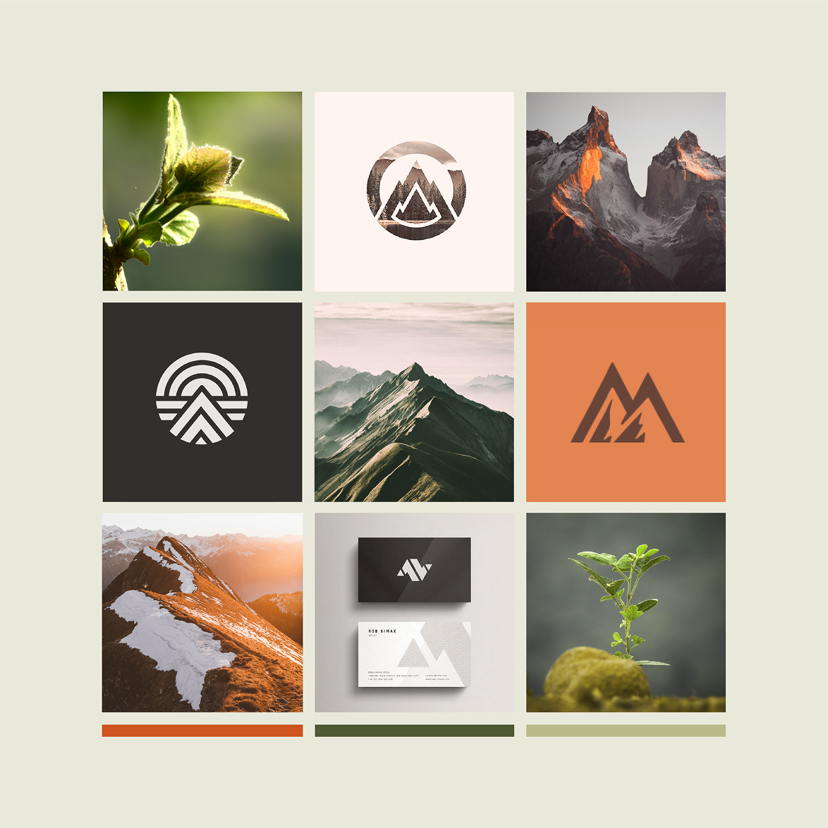 A moodboard grid features close-up plant leaves, mountain landscapes at sunrise, abstract mountain logos, and business cards. The mood is nature-inspired and modern.