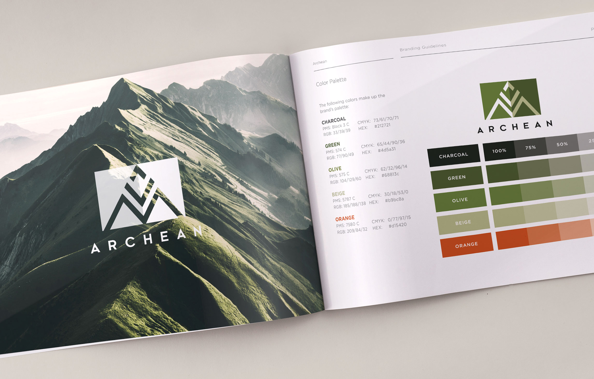 An open branding booklet shows a logo for "Archean" on a green mountain landscape. The right page displays a color palette with shades of green and orange.