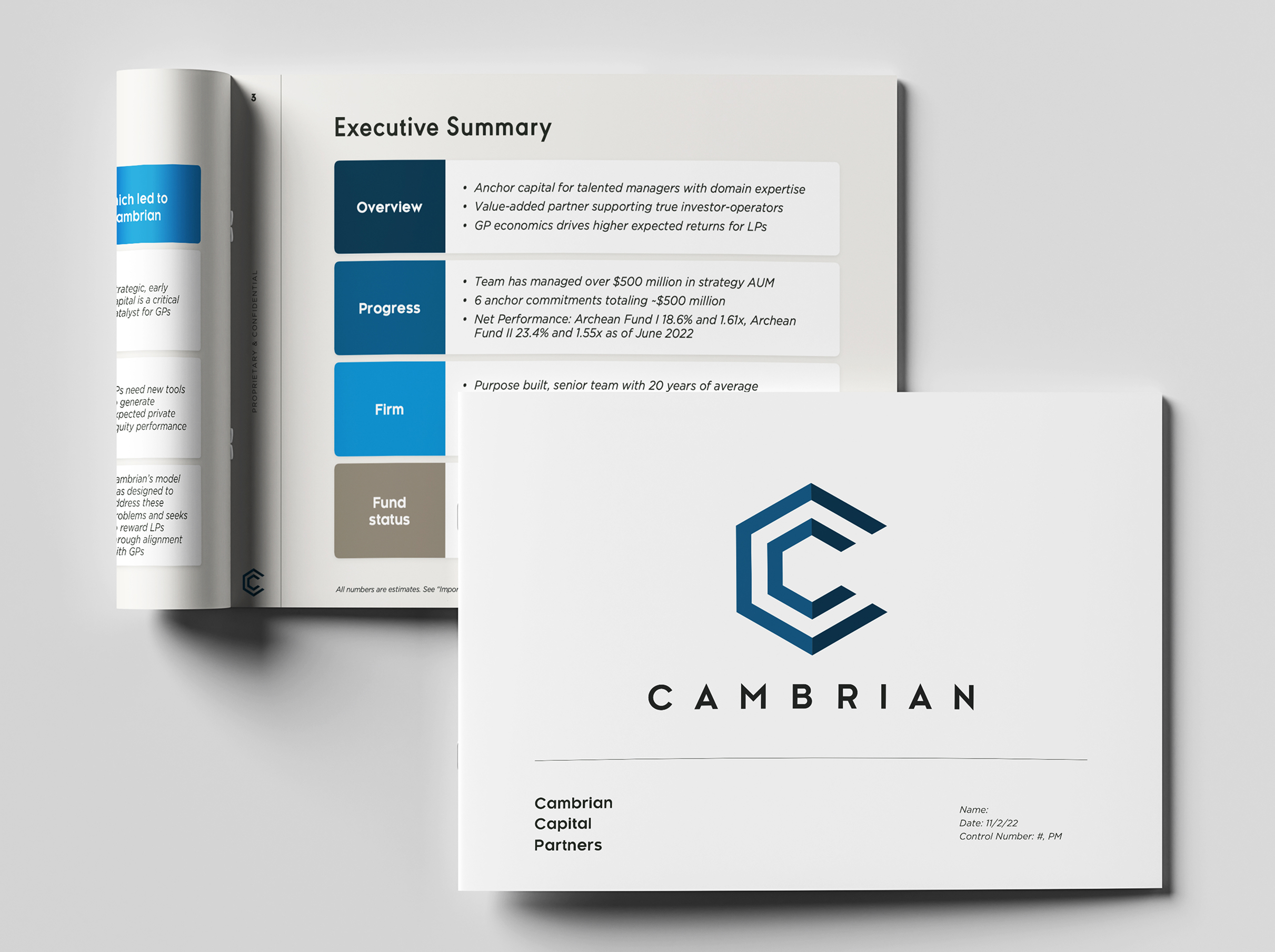 Two pages of a financial brochure are shown. The left page displays an Executive Summary with sections for Overview, Progress, Firm, and Fund Status. The right page is a cover with a blue "C" logo and the text "Cambrian Capital Partners," conveying professionalism.
