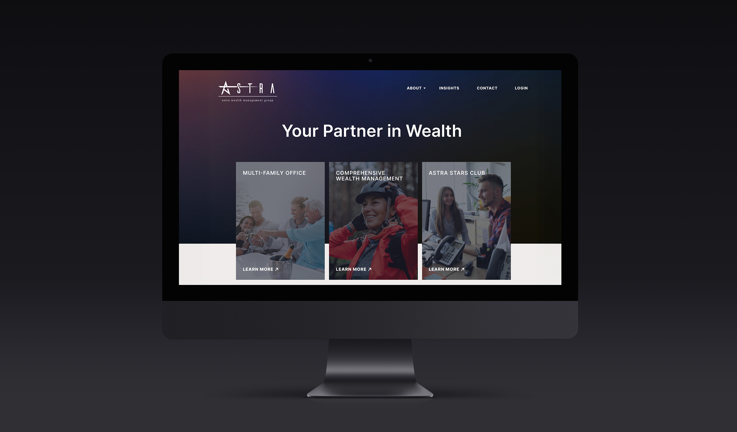 Astra-Hero A computer screen displays the Astra Wealth Management website with the title "Your Partner in Wealth." It features images of people engaged in discussions, each with a "Learn More" link.