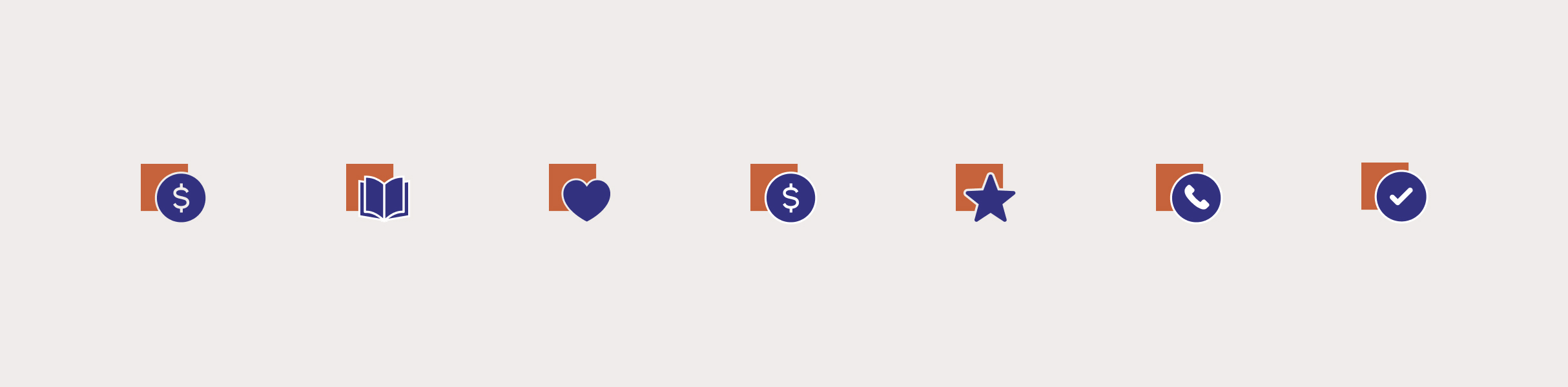 Seven purple and orange icons on a light background; symbols include money, book, heart, star, phone, and checkmark, suggesting themes of finance.