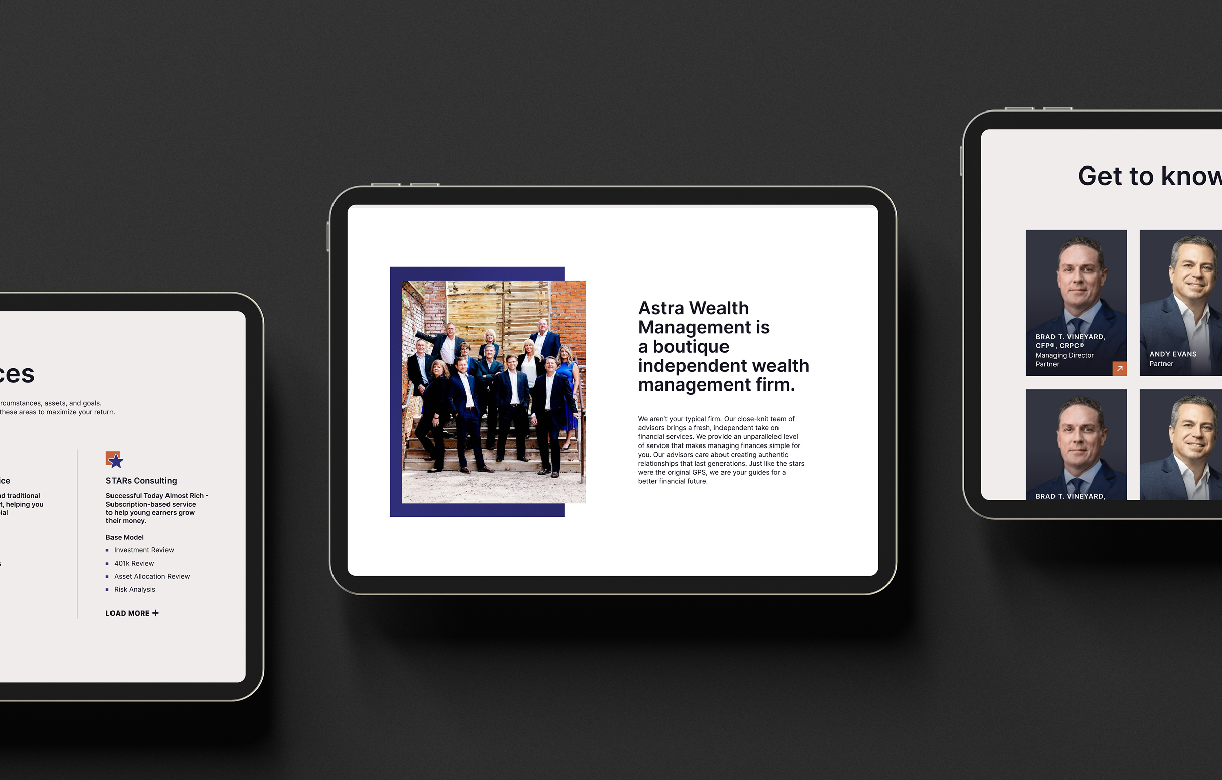 Astra-iPad-1 Three tablet screens displaying sections of Astra Wealth Management's website. The center shows a team photo and description. Side screens display services and team profiles.