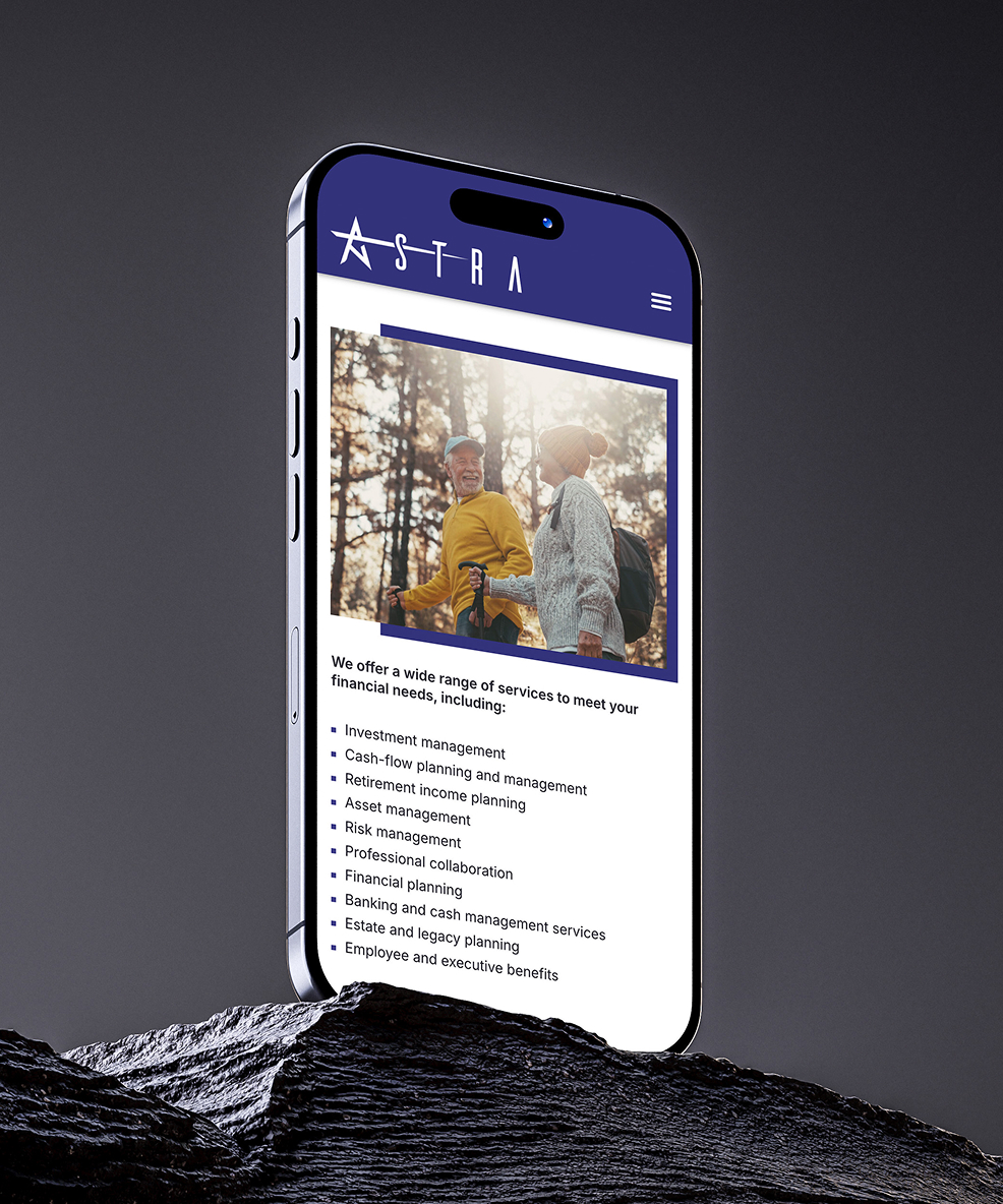 Astra-iPhone-2 Smartphone displaying the Astra Wealth Management website, showing a smiling couple hiking and a list of financial services. Set against a dark gray background.