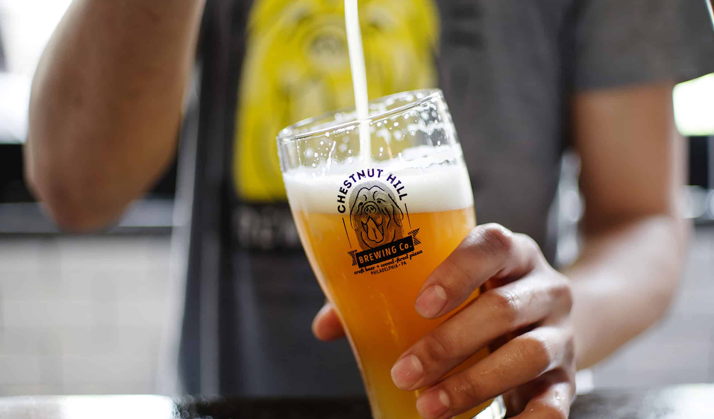 CHBC-Hero A person pours a foamy, amber beer into a branded glass labeled "Chestnut Hill Brewing Co." Their shirt displays a yellow graphic.