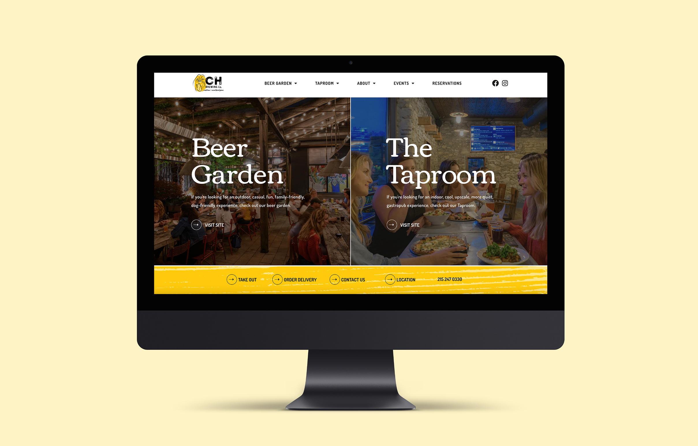 CHBC-Homepage A computer monitor displays the Chestnut Hill Brewing Company homepage featuring two side-by-side sections: "Beer Garden" with a wooden interior and "The Taproom" with people dining. The tone is inviting.