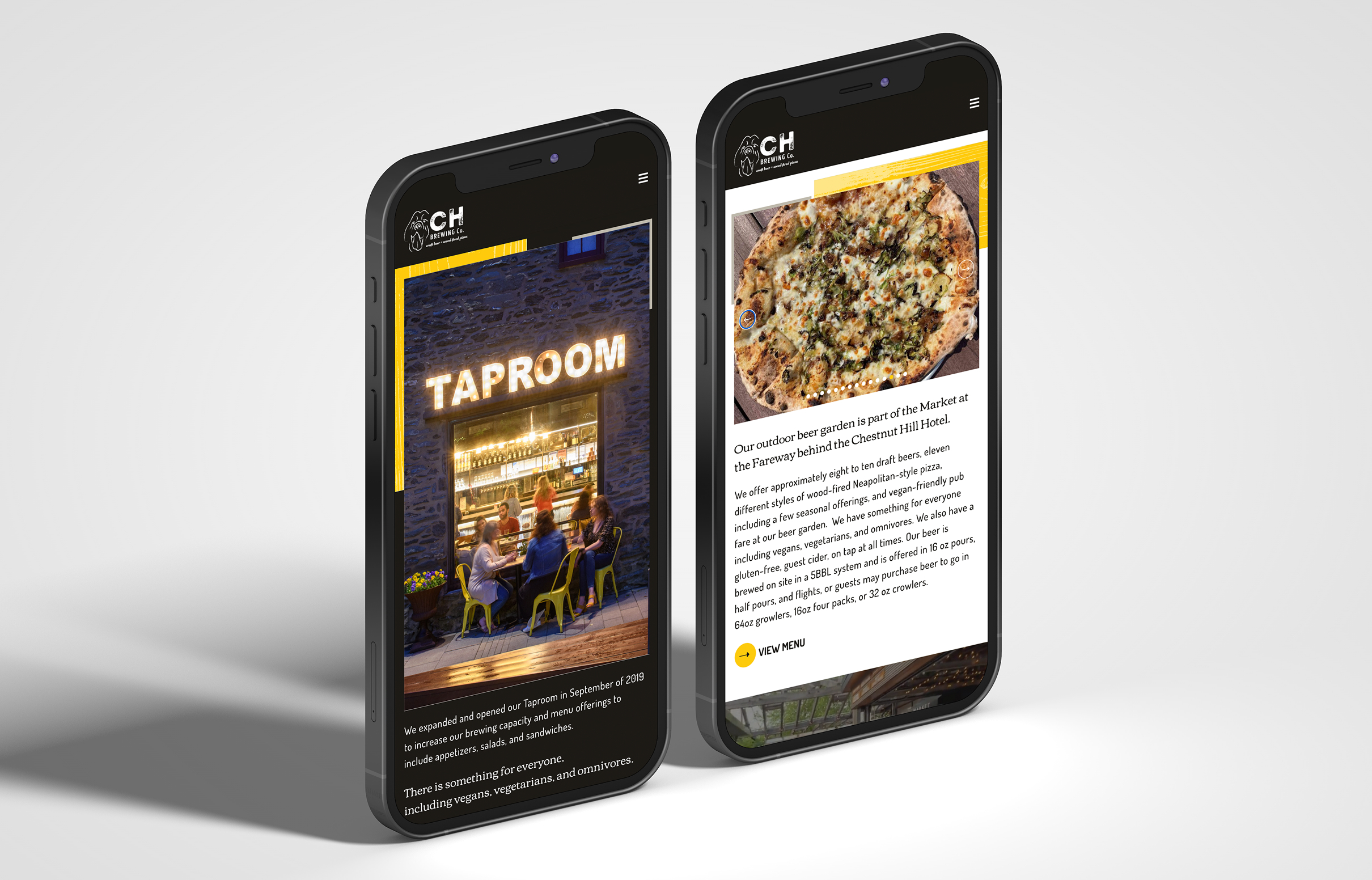 CHBC-Mobile Two smartphones display sections of the Chestnut Hill Brewing Company website. The left screen shows a cozy outdoor taproom scene with warm lighting. The right screen displays a delicious-looking pizza.