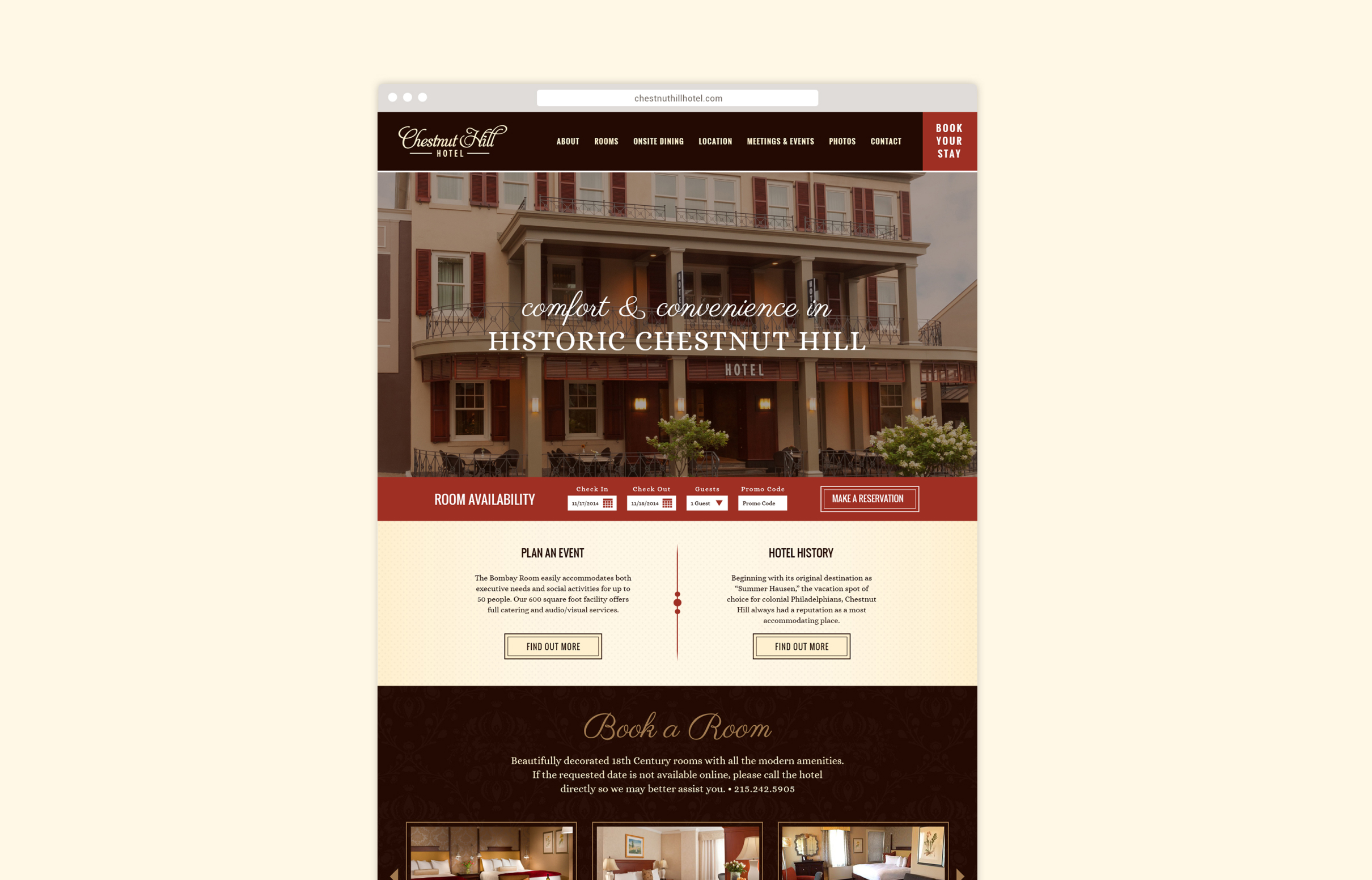 Chestnut Hill Hotel website showcases a historic building with columns and red shutters. Header reads 'Comfort and convenience in Historic Chestnut Hill.' Navigation bar includes options like 'Availability' and 'Reservations.'