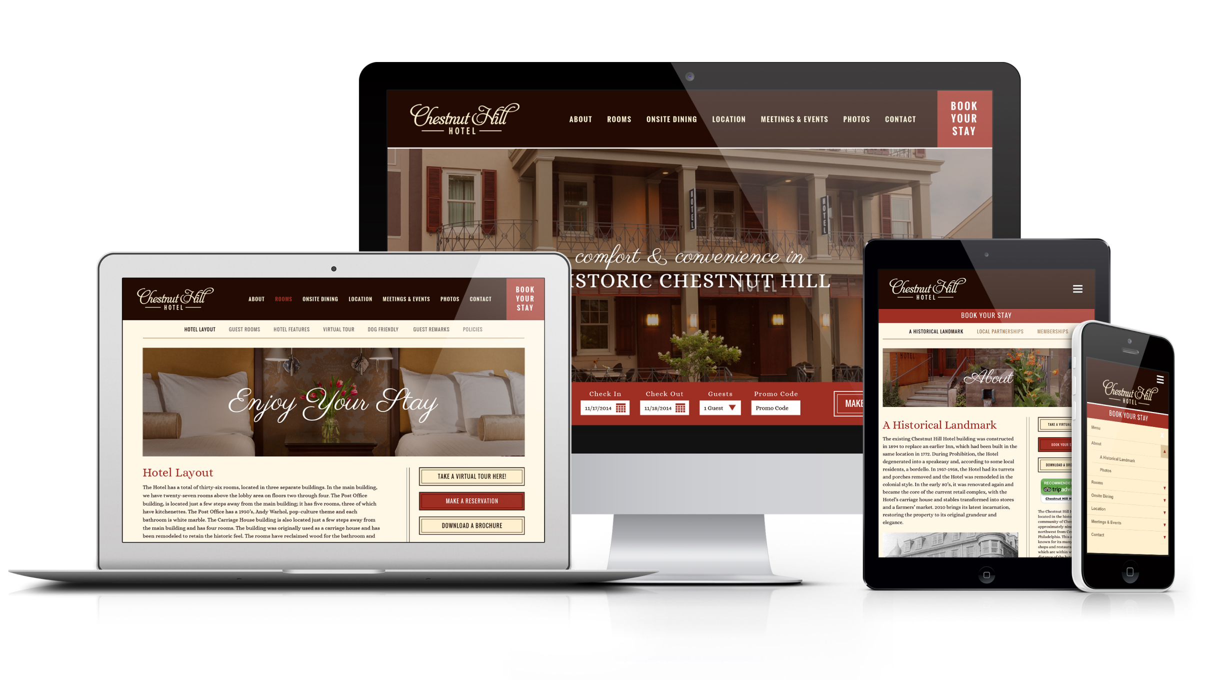 Responsive web design of the Chestnut Hill Hotel website displayed on a desktop, laptop, tablet, and phone screens. Warm, inviting colors create a welcoming tone.