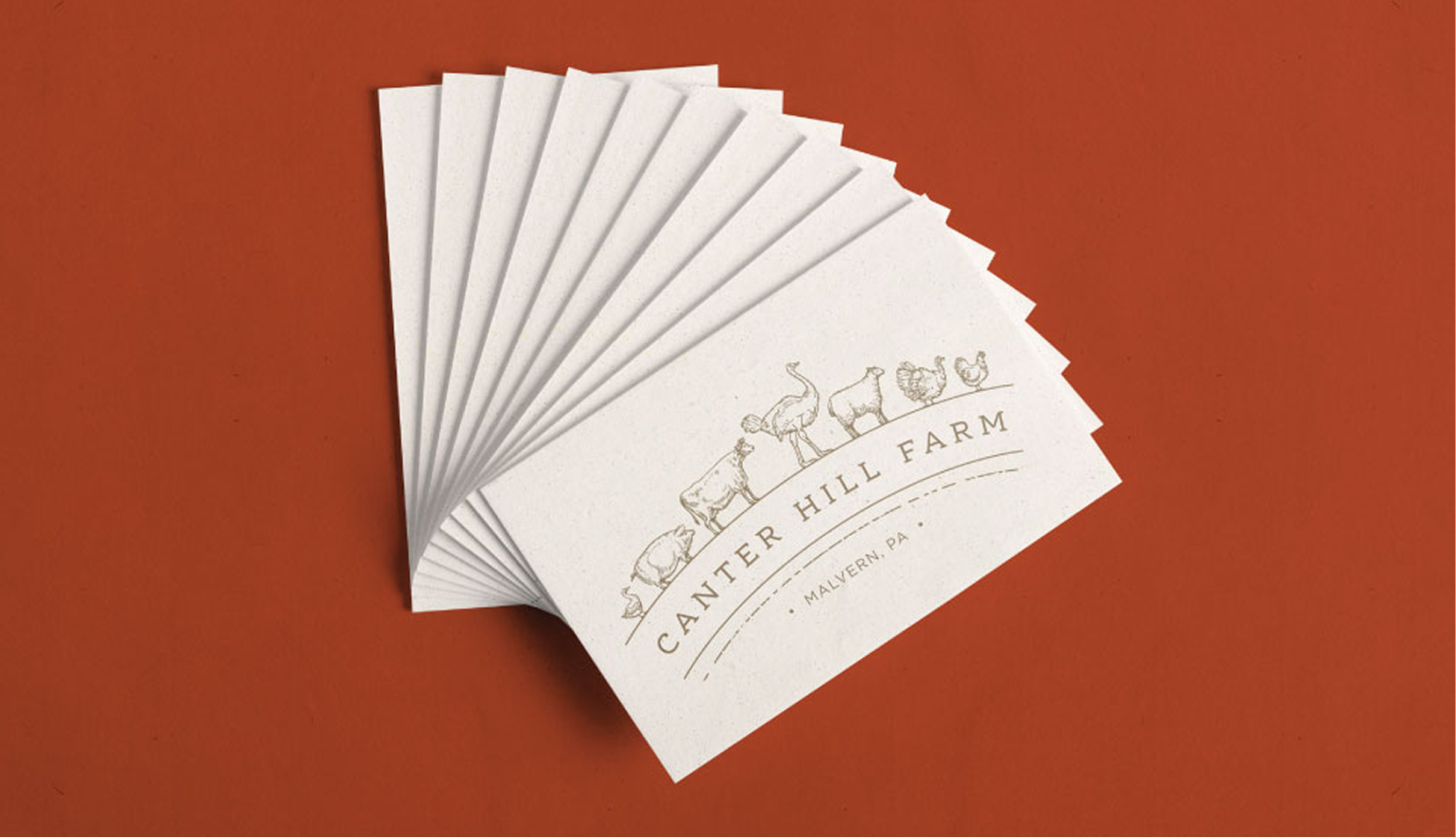 Canter Hill Farm-BusinessCard A fanned stack of business cards on a rust-colored background. Each card displays arched text of "Canter Hill Farm" in elegant font with various farm animal illustrations above.