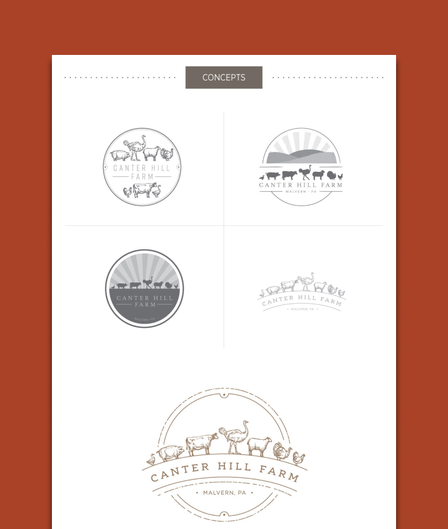 Canter Hill Farm-Concepts Four logo concepts for Canter Hill Farm with animals and sunburst designs. Each concept reflects a rustic farm theme in a circular or arched layout.