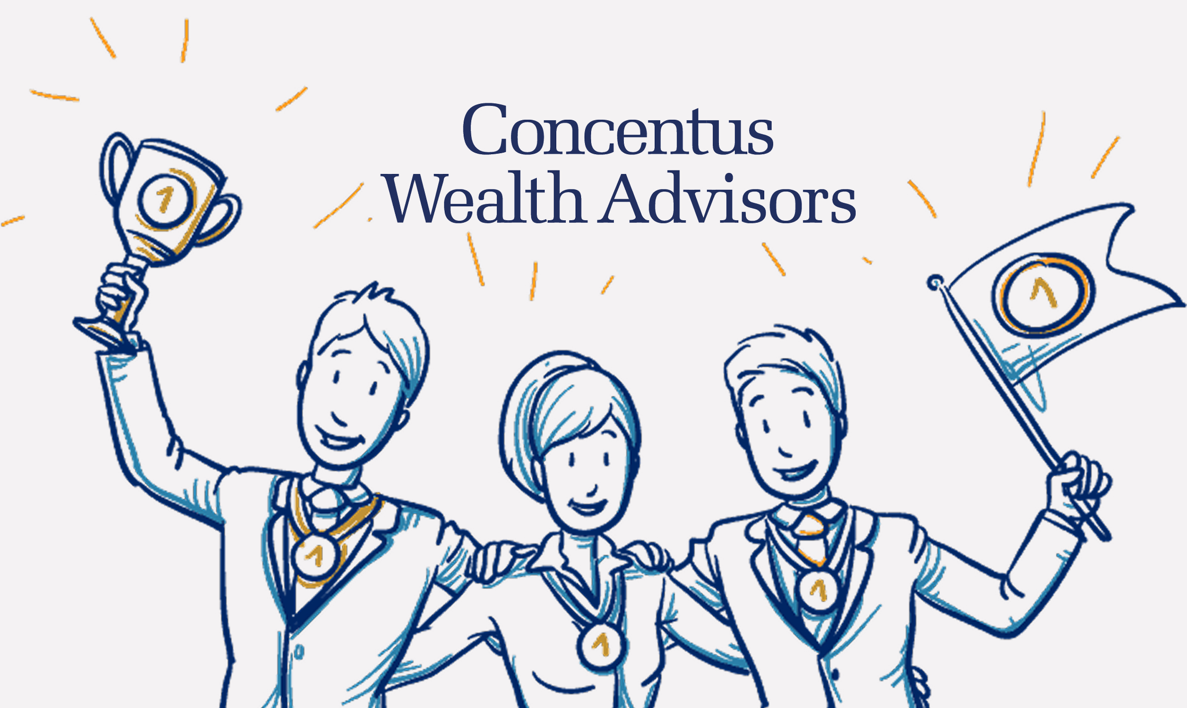 Three illustrated figures in suits celebrate under the text "Concentus Wealth Advisors." One holds a trophy, another a flag. The mood is triumphant and joyful.