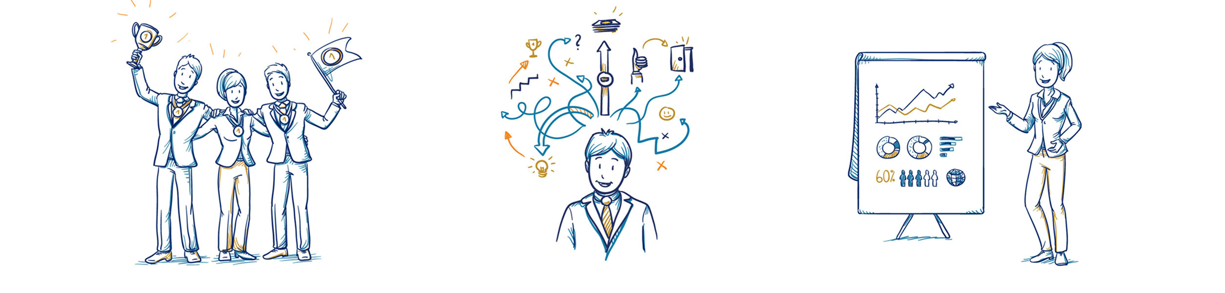 Illustration trio: Celebrating team holding trophies, person with swirling ideas and icons symbolizing innovation, and professional presenting charts confidently.