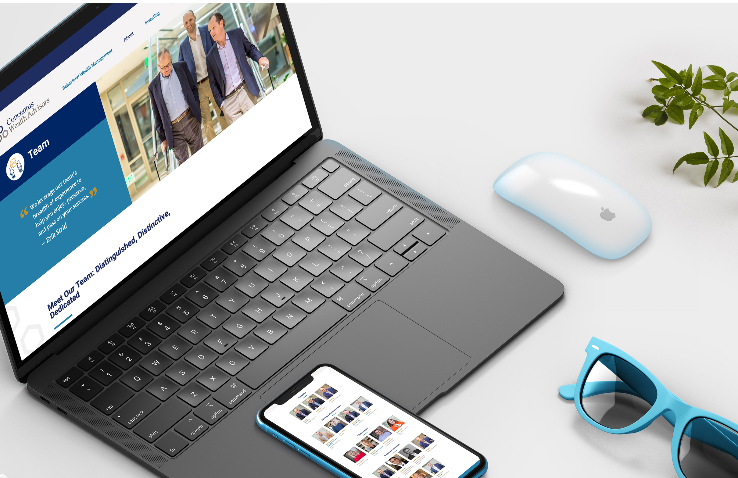 A sleek workspace with a laptop and smartphone displaying the Concentus Wealth Advisor website. A white mouse, blue sunglasses, and green plant add vibrant accents.