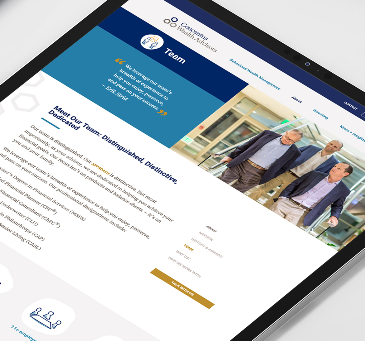A tablet displays a website for Concentus Wealth Advisors. The page shows a team section with a quote, a photo of three men in suits walking, and navigation links.