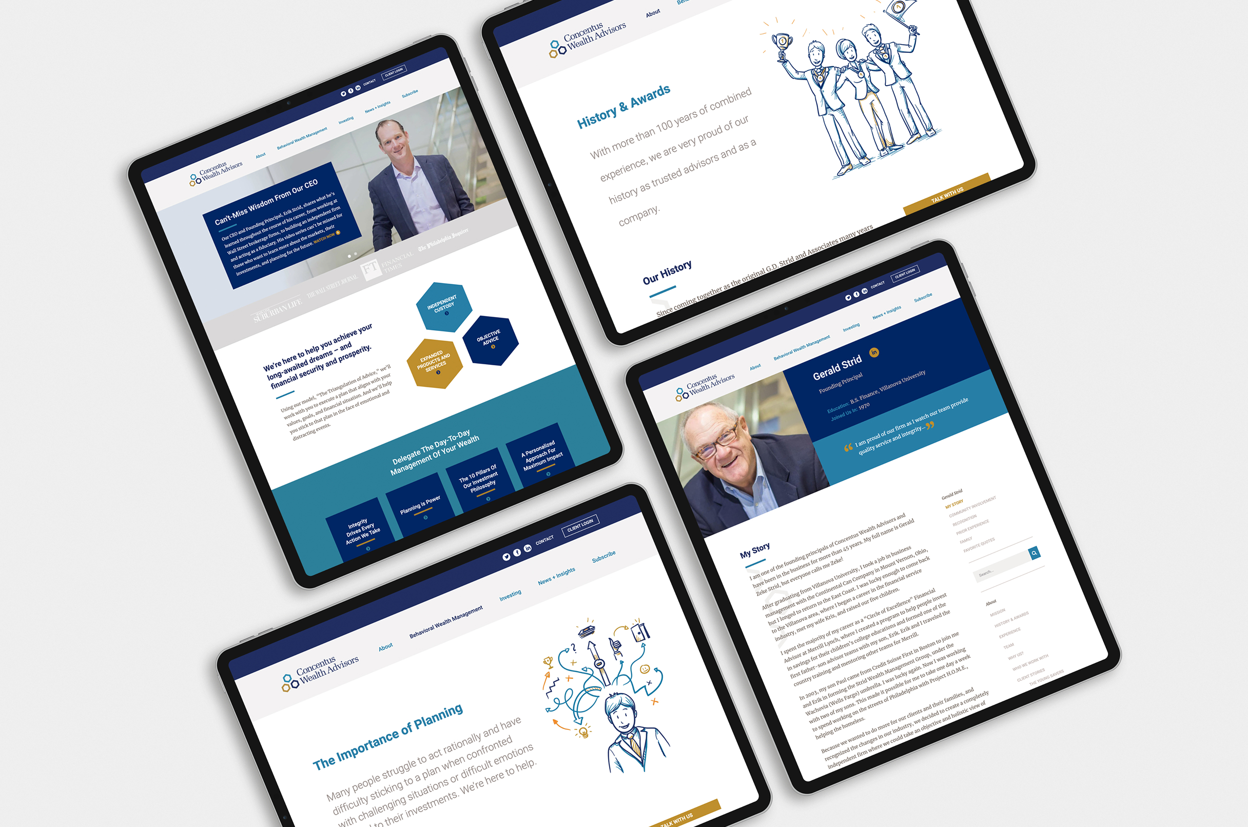 Four tablet screens showcase different pages from the Concentus Wealth Advisors website with sections on history, planning, and a personal story, featuring hexagonal graphics and illustrations.