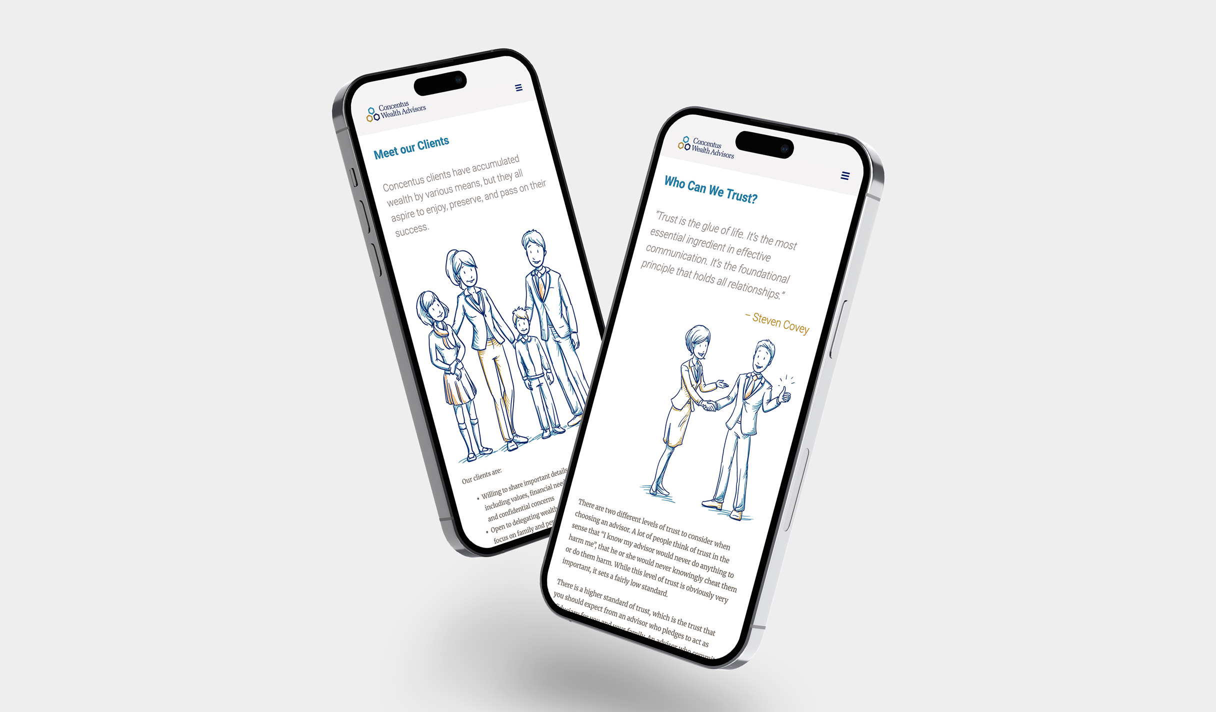 Two smartphones display sketched family and handshake illustrations. The screen text discusses client trust. The tone is professional and informative.