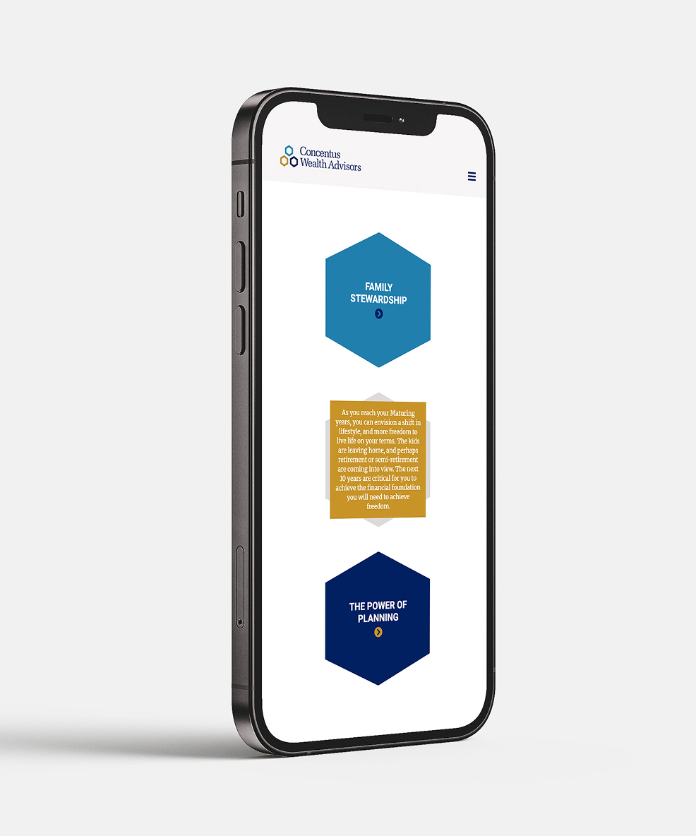 A smartphone screen displays a website with hexagonal icons labeled "Family Stewardship" and "The Power of Planning." The tone is professional.