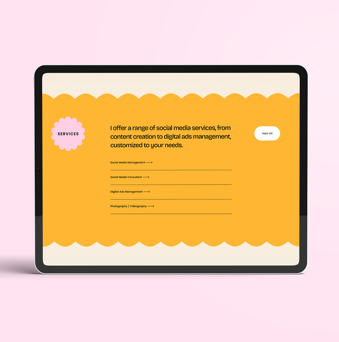 EricaMinutella-Tablet Tablet display of a section of the Erica Minutella website titled "Services" on an orange background. Lists social media services like management, consultancy, and photography.