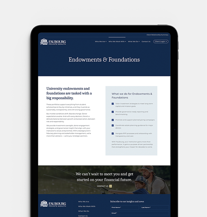 Faubourg-iPad-Vertical Tablet displaying a webpage from Faubourg Private Wealth about endowments and foundations. The page has a navy blue header, white text detailing responsibilities and services, and an image of a person fishing at the bottom. The tone is professional and informative.