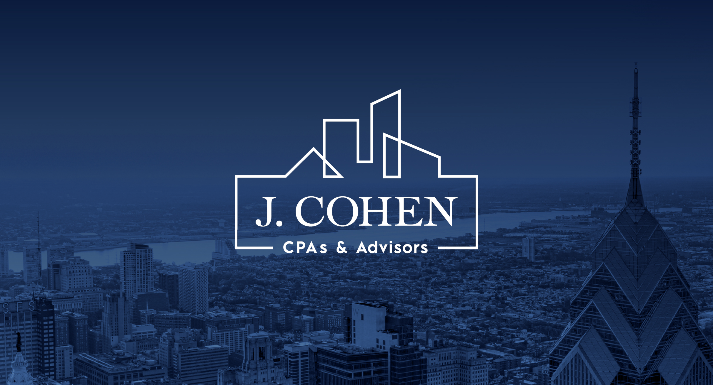 The image features a logo for "J. Cohen CPAs & Advisors" over a stylized cityscape. The tone is professional and corporate, using a blue color scheme.