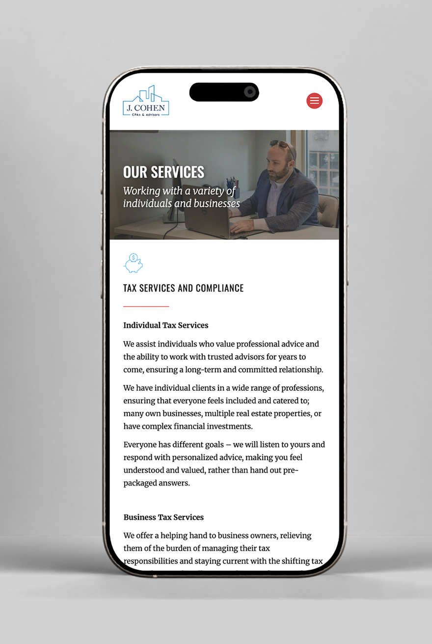 Mockup of a smartphone displaying the J. Cohen website. The header shows a man in an office, and text below describes tax services offered.