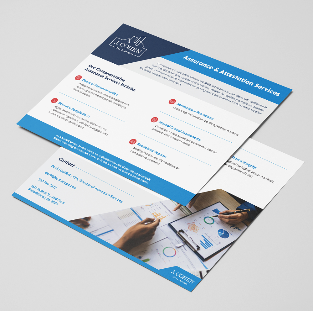 Flyer for J. Cohen CPA firm detailing assurance and attestation services. Includes list of services, contact info, and image of hands reviewing charts.