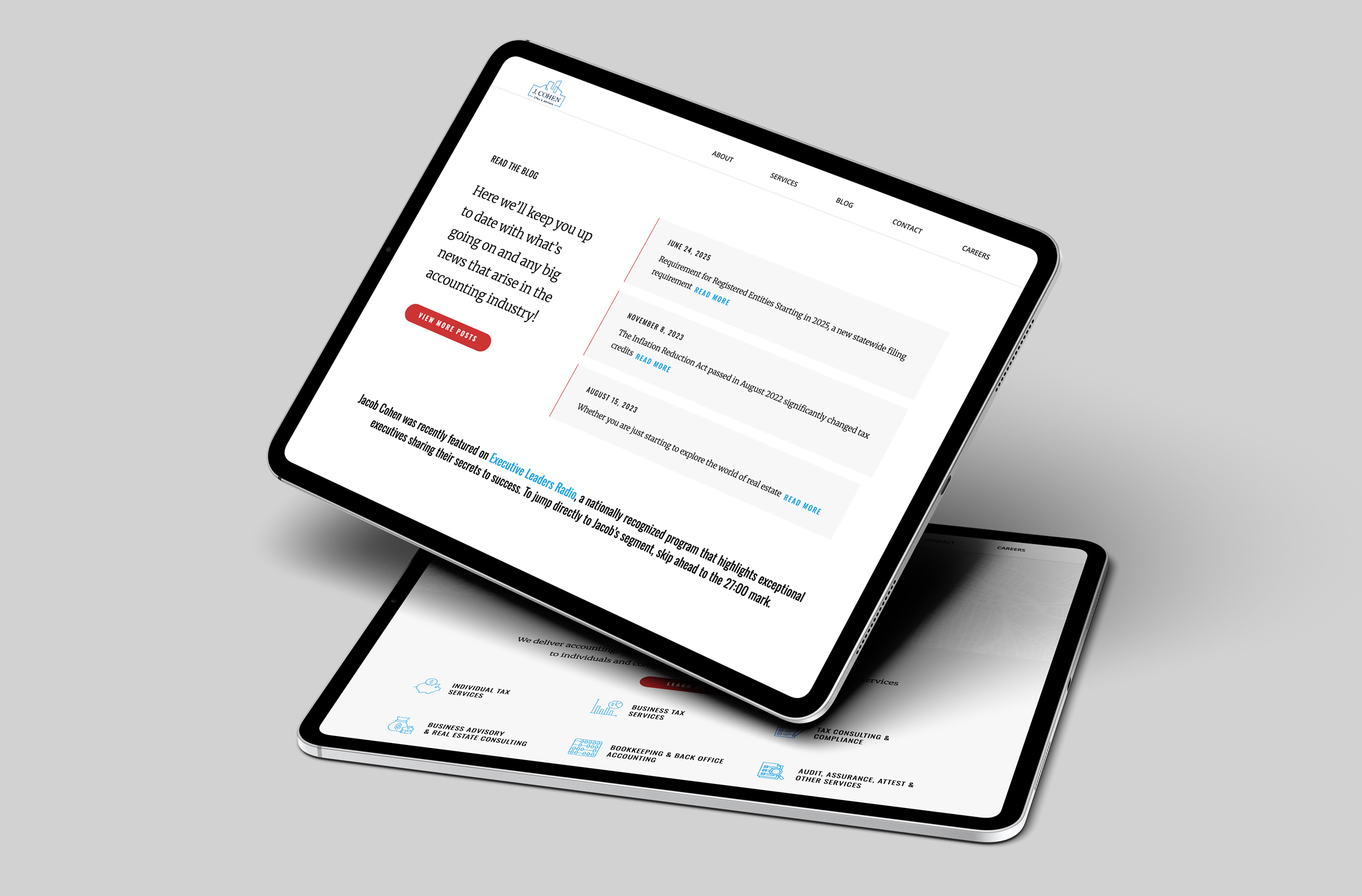 A tablet displays the blog section on the J. Cohen website. Two articles with dates and titles appear. The background is light gray, creating a professional tone.
