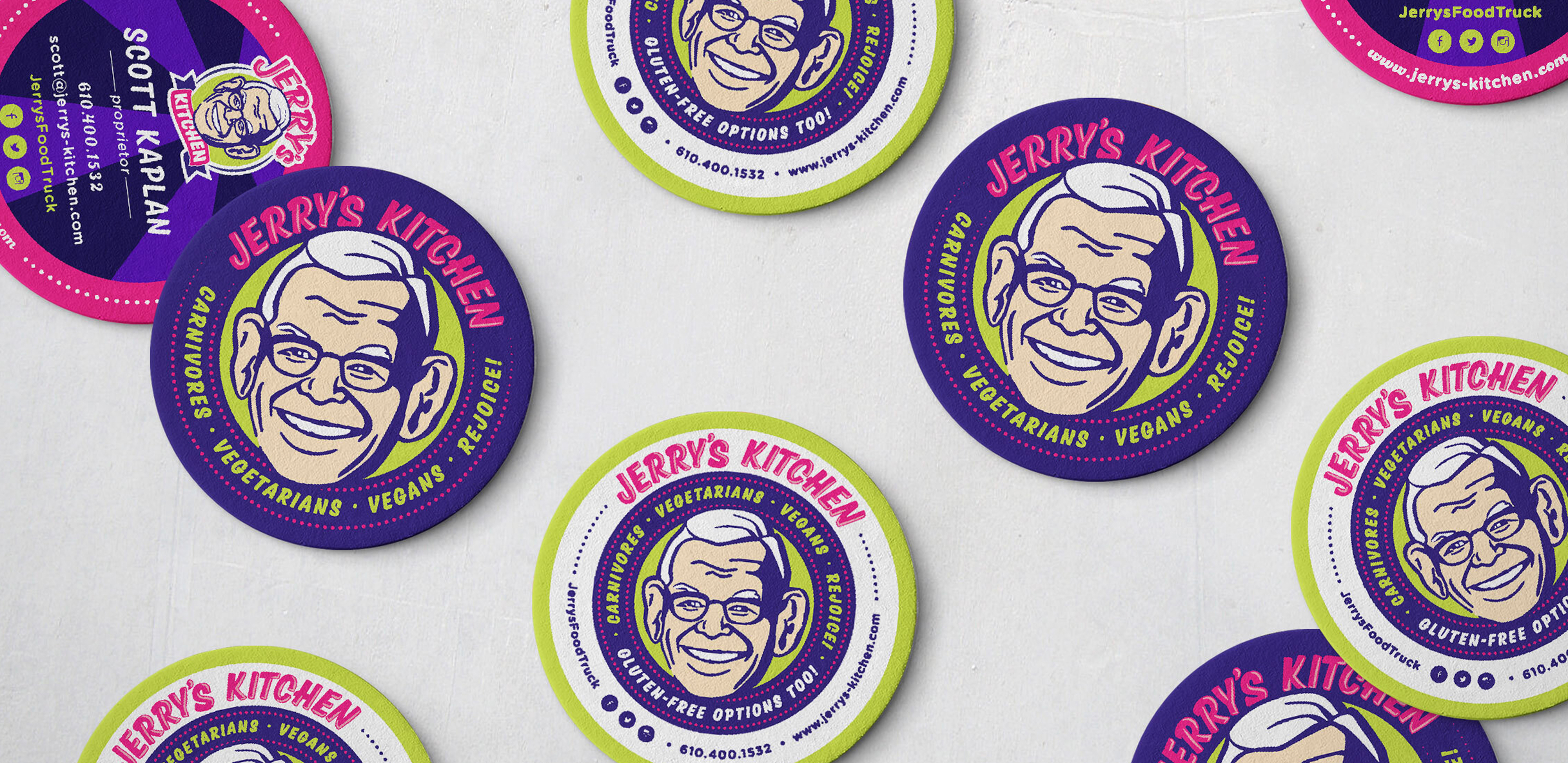 JerrysKitchen-Coasters Colorful coasters feature a cheerful illustrated face with glasses and "Jerry’s Kitchen" text. Keywords highlight dietary inclusivity. Bright, welcoming design.
