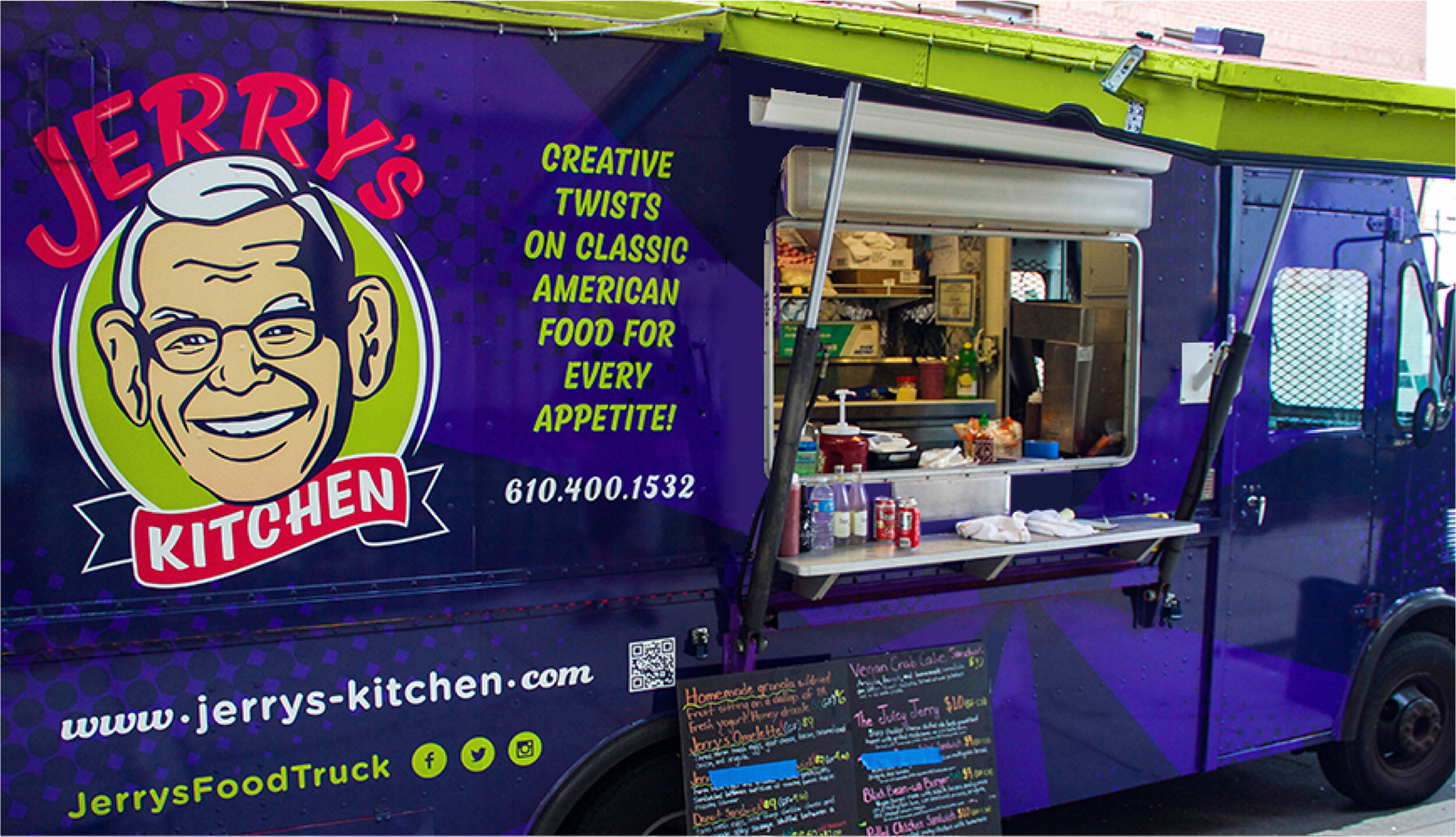 JerrysKitchen-FoodTruck Purple food truck with vibrant graphics, featuring a cartoon smiling man and text "Creative twists on classic American food for every appetite!" Menu board and condiments visible.