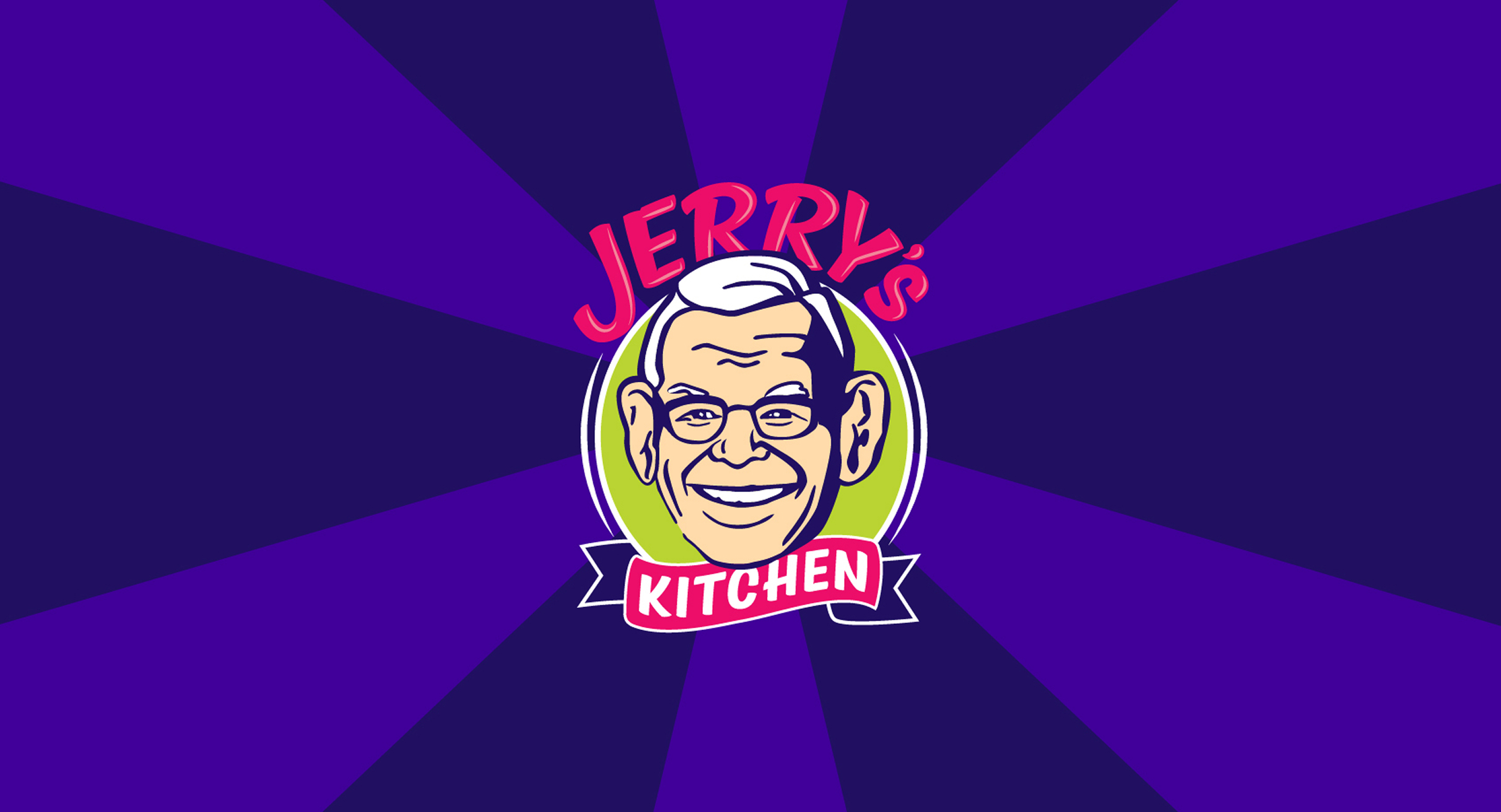 JerrysKitchen-Hero Jerry's Kitchen logo featuring a smiling man's face in a circle with "Jerry's" in bright pink above and"Kitchen" in white on a bright pink banner below. The logo sits on a purple striped background.