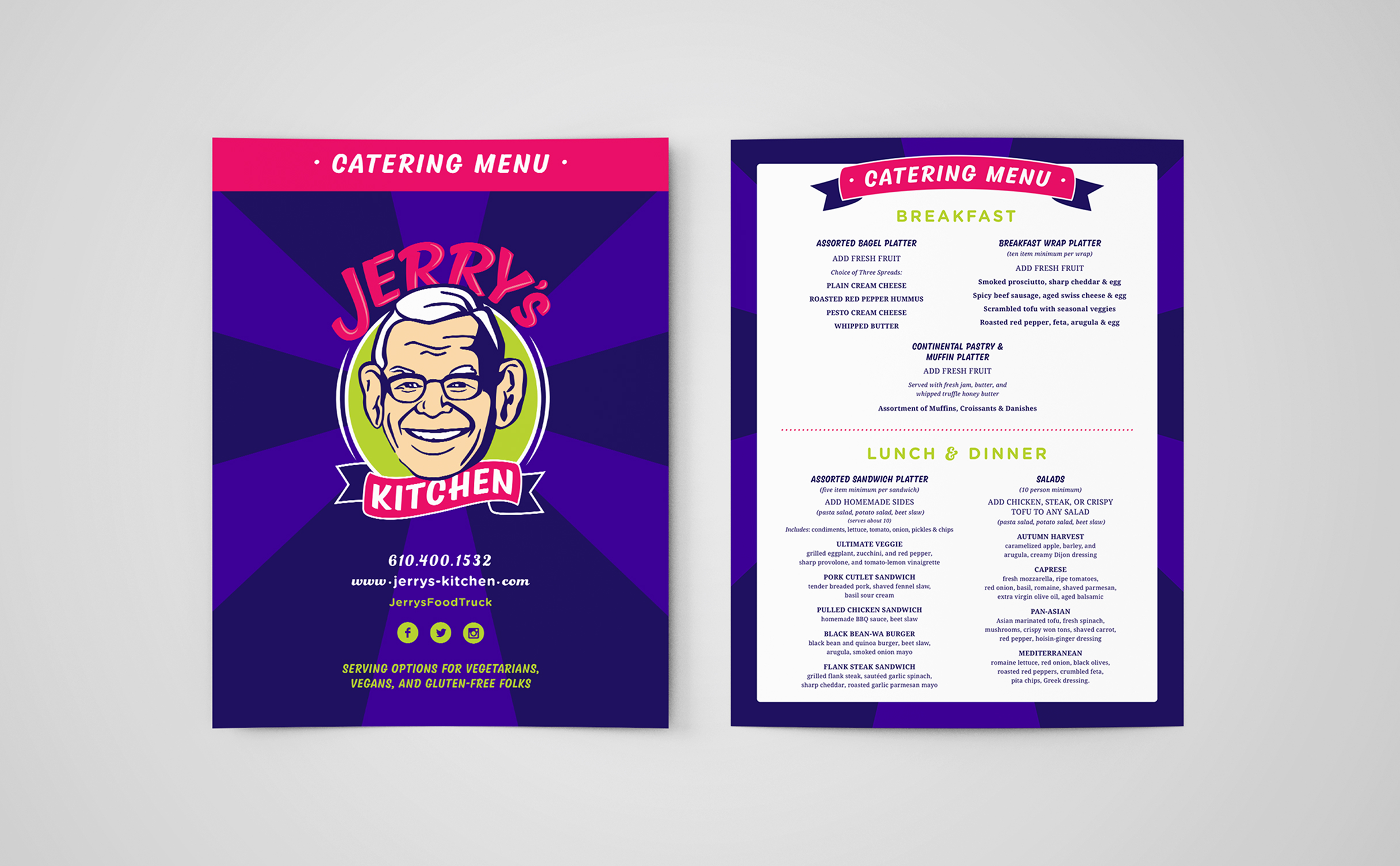 JerrysKitchen-Menu A vibrant catering menu with a bold design. The left side features "Jerry's Kitchen" logo with a smiling face. The right side lists breakfast, lunch, and dinner options. Bright colors convey a cheerful tone.