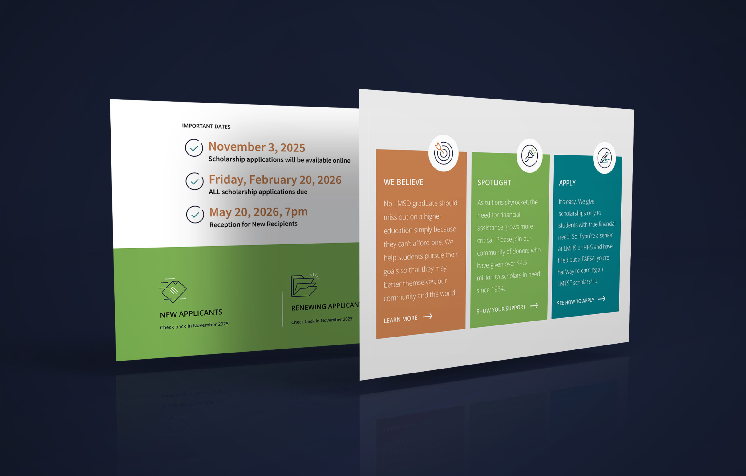 A 3D-rendered image of two informational cards on a dark background. The left card lists scholarship dates, and the right features belief, spotlight, and apply sections in orange, green, and blue.