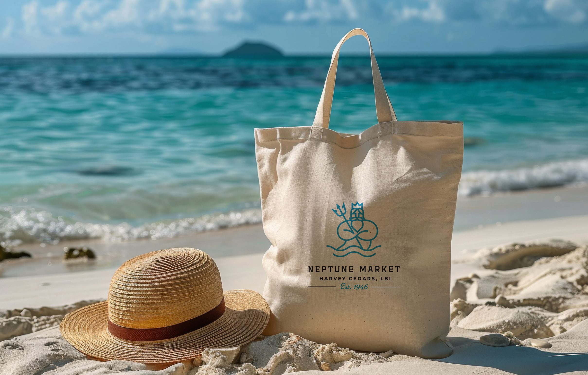 Beige tote with a "Neptune Market" logo sits on sandy beach beside a straw hat. Calm turquoise sea and blue sky set a peaceful, sunny tone.