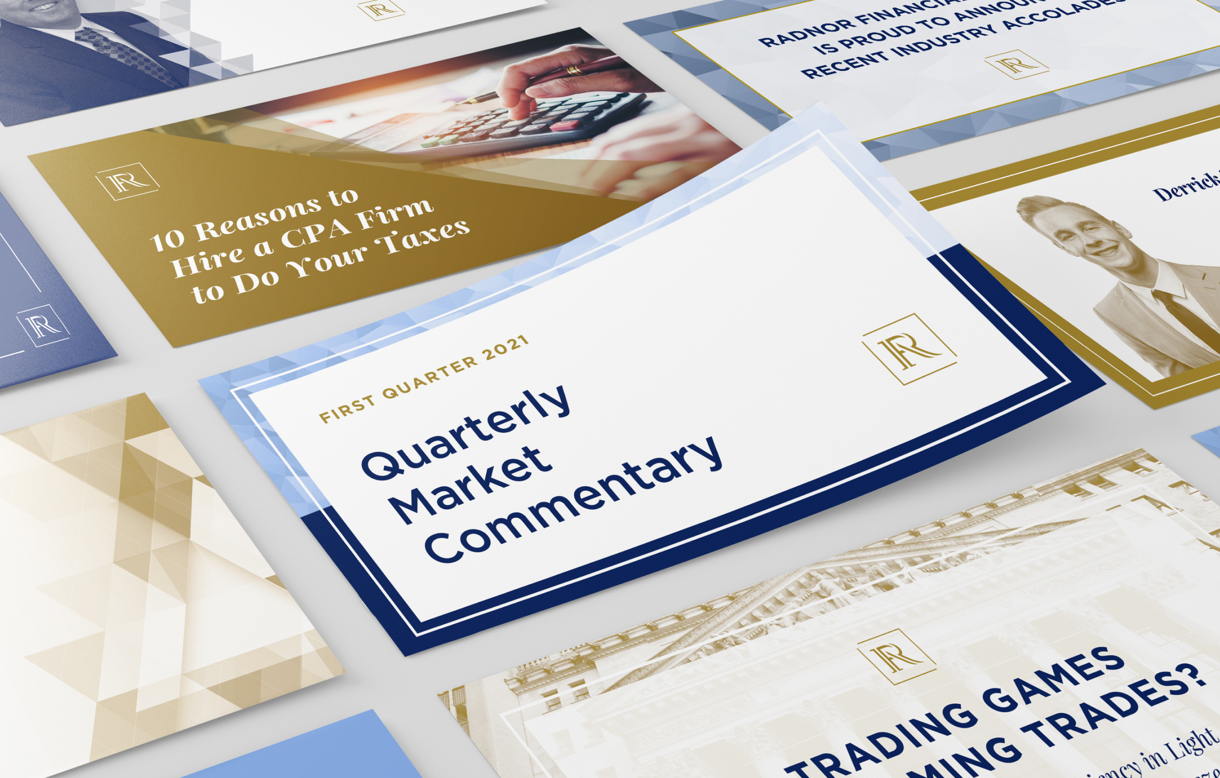 Spread of financial and business-themed documents, each with distinct colors and text. Central document titled "Quarterly Market Commentary". Professional and informative tone.