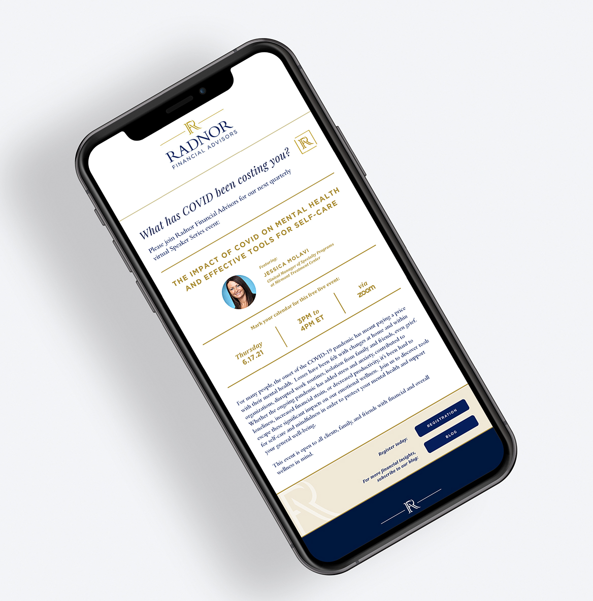 An iPhone displaying a Radnor Financial Advisors webinar invitation on COVID's impact on mental health, featuring a speaker's photo and event details.