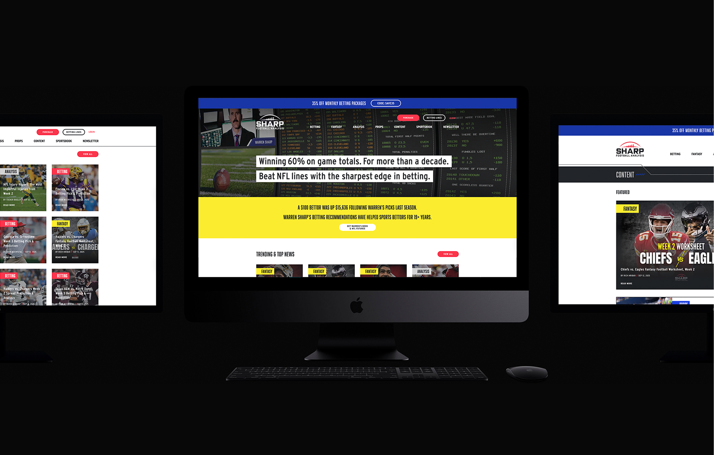 Three computer screens display different pages from Sharp Football Analysis's sports betting website with colorful tabs and text highlighting betting success, offering a dynamic, competitive tone.