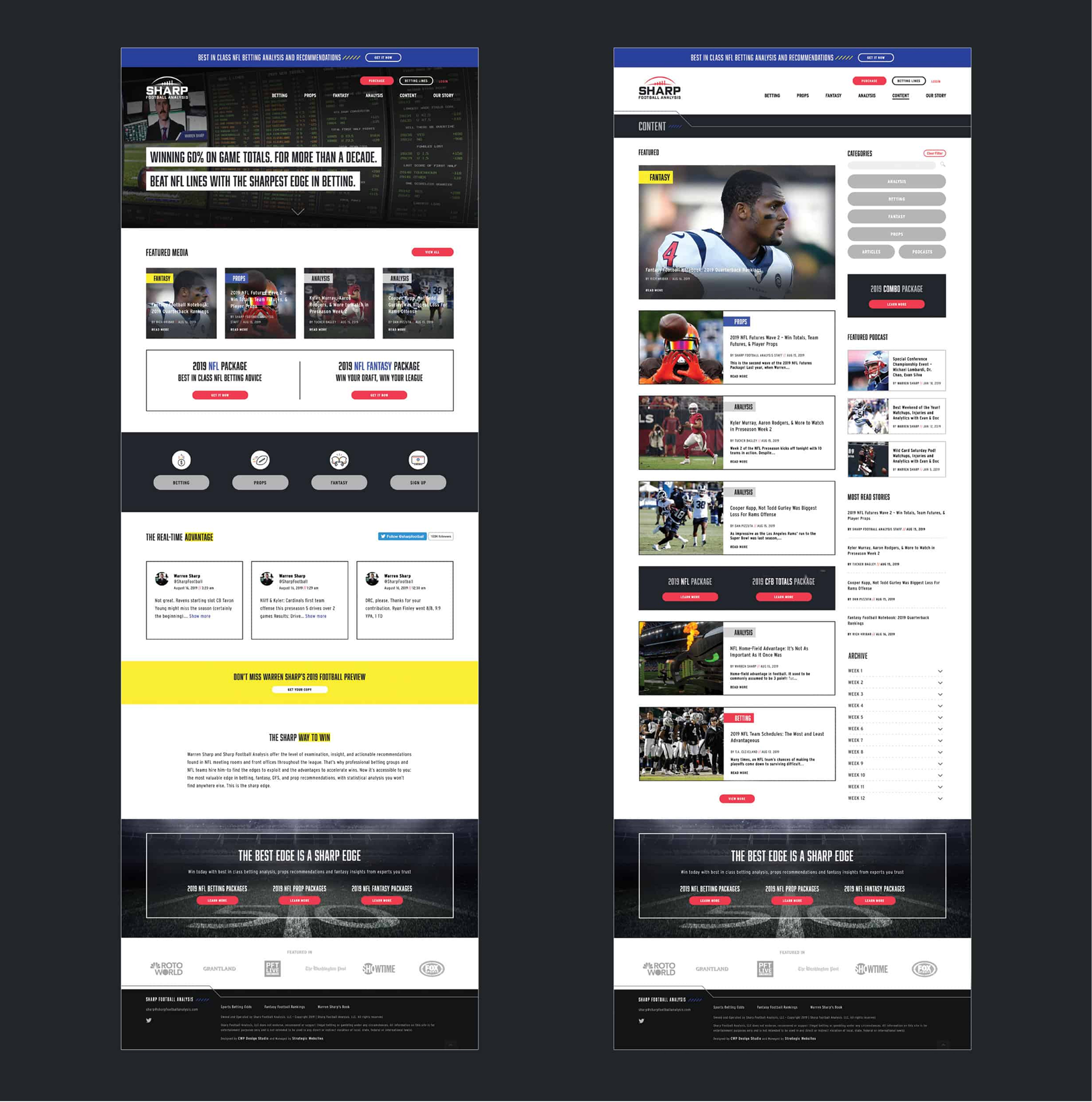 Two webpage layouts side by side. The left page features betting-related graphics and packages, while the right page shows sports content, player images, and articles. The tone is modern and sporty.