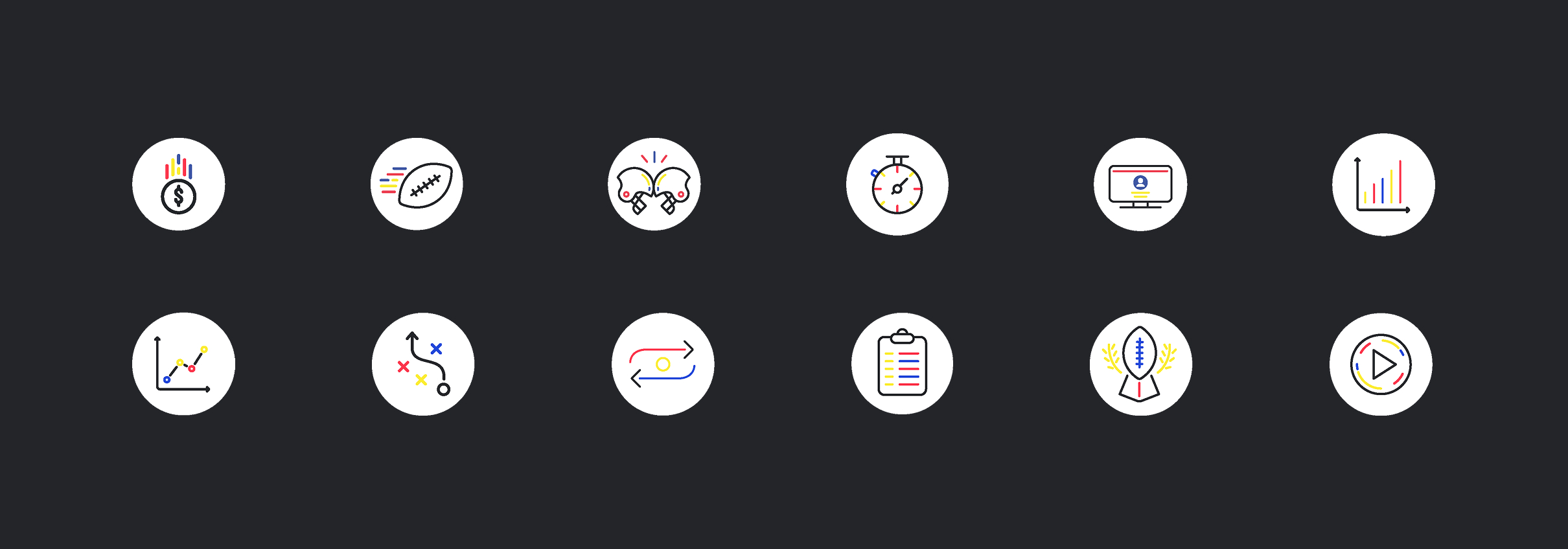 Twelve circular icons on a dark background represent concepts like betting, football, teamwork, time, analysis, and rewards, with a minimalist, colorful design.