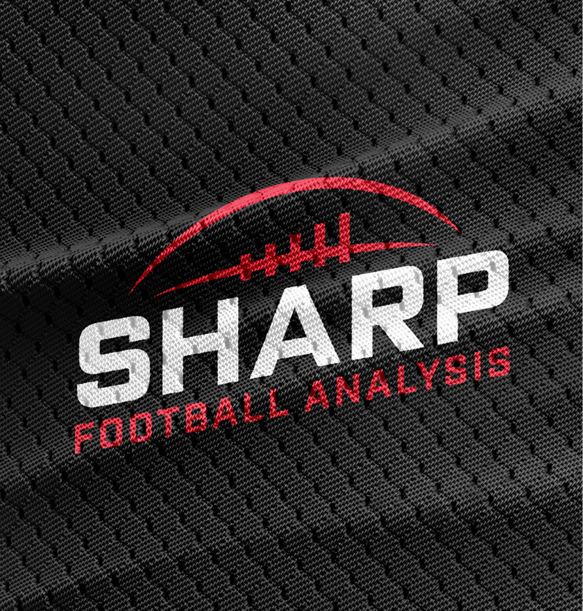 Textured black fabric with "Sharp Football Analysis" logo. The word "Sharp" is in white, bold text with a red football arc above.