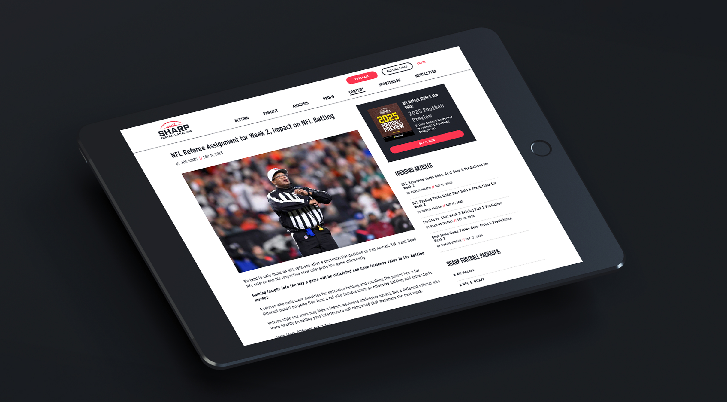 A tablet displaying an article on NFL referee assignments, featuring an image of a referee on the field. The webpage has a clean design, and the mood is professional.