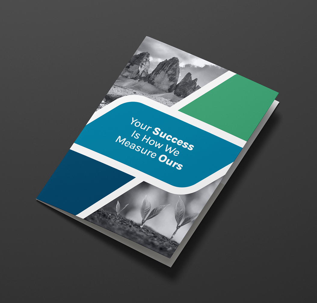Brochure cover displaying mountains and seedlings in grayscale with diagonal green and blue sections. Text reads "Your Success Is How We Measure Ours."