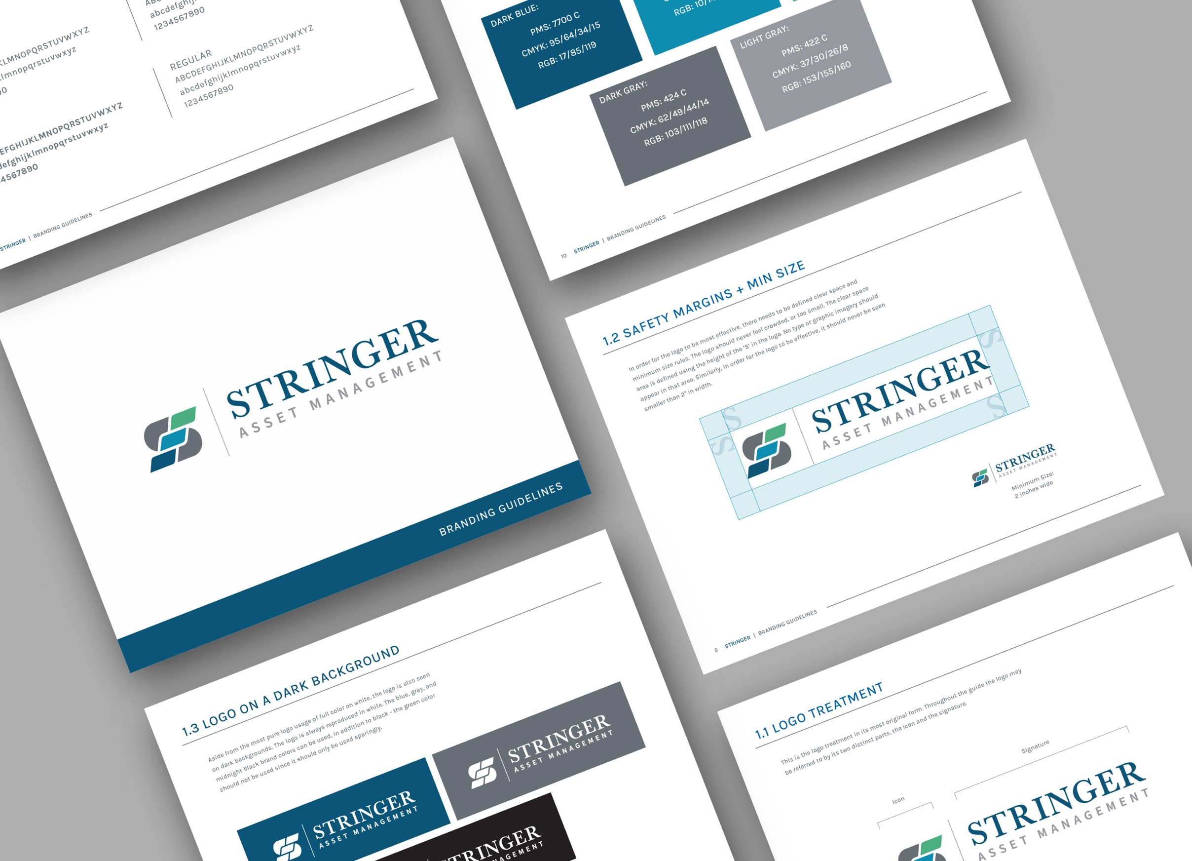 A set of branding guidelines for Stringer Asset Management, featuring logo variations, color palettes, and usage instructions on angled sheets.