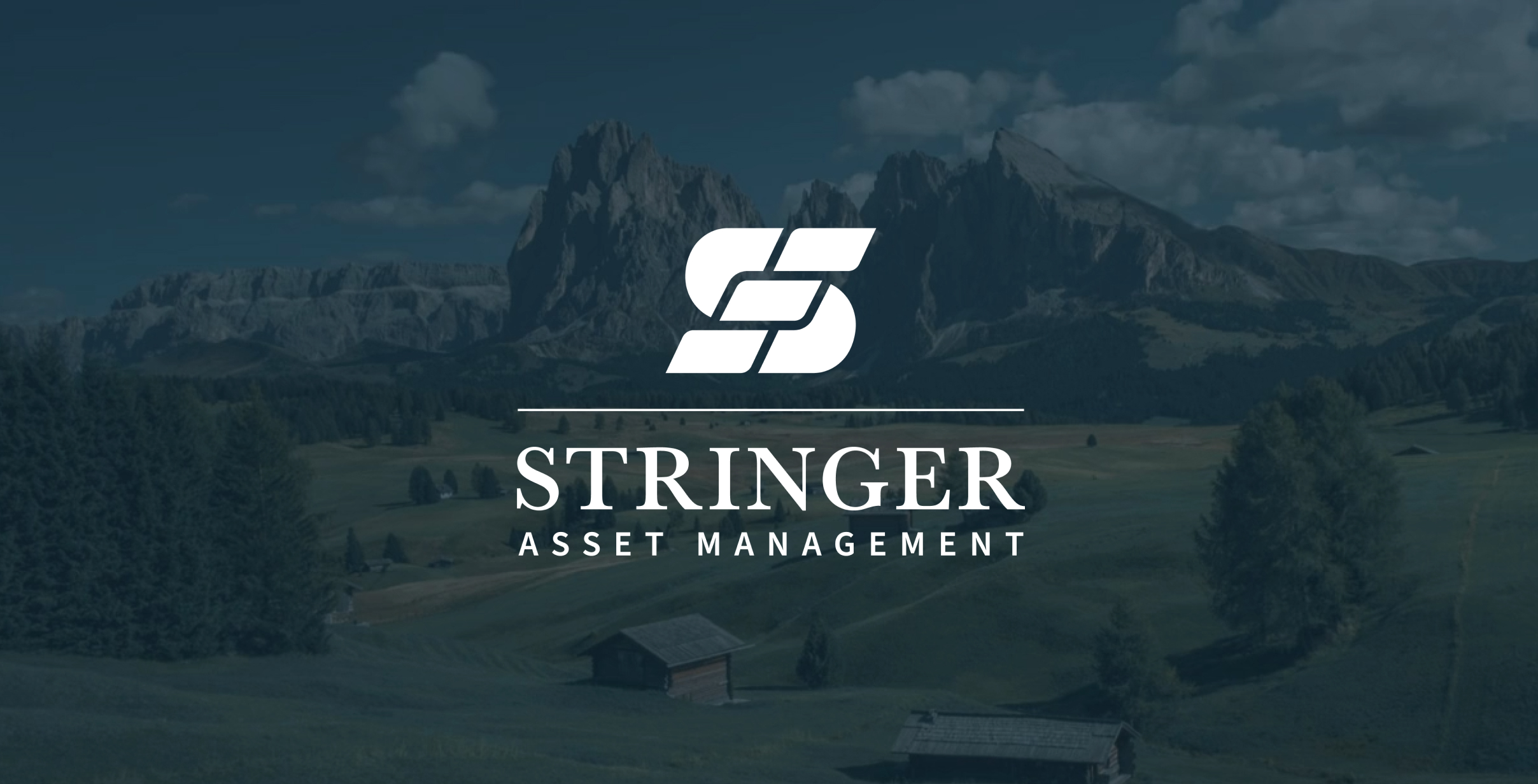 Stringer Asset Management logo over a scenic mountain landscape with fields, trees, and small wooden cabins.