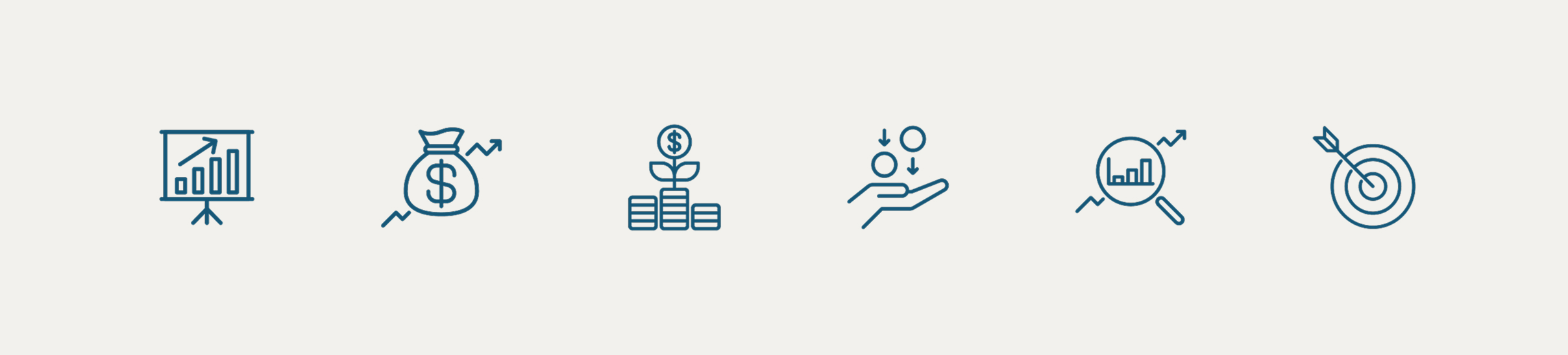 A series of six blue line icons on a light background. They depict growth, money bag, investing, savings, analytics, and target, suggesting financial themes.