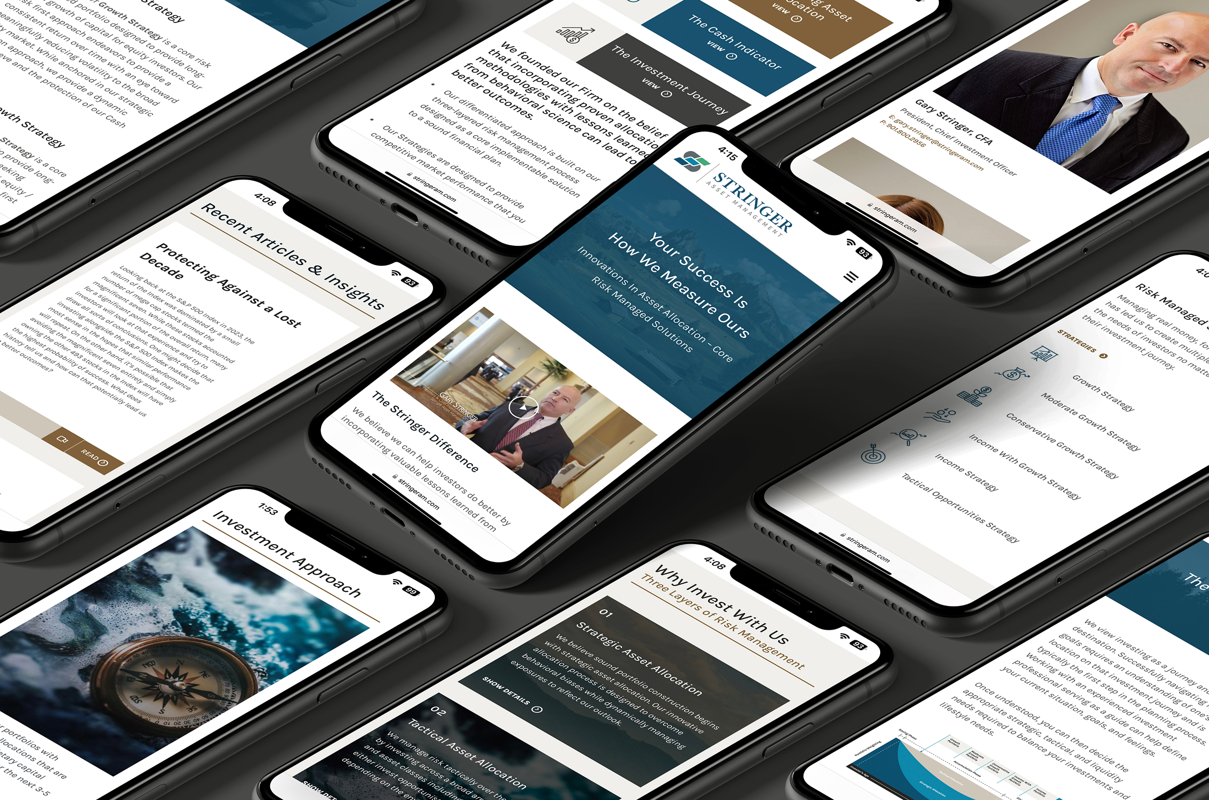 A series of smartphones displaying Stringer Asset Management's website's financial content, including articles, strategy descriptions, and a man's portrait, creating a professional and informative tone.