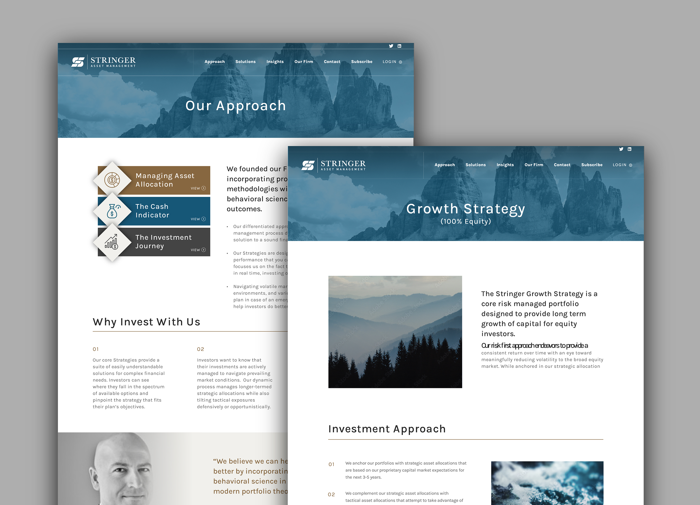 Image of two overlapping website pages from Stringer Asset Management. The first page titled 'Our Approach' features a mountain background and investment topics. The second page, titled 'Growth Strategy,' shows a misty forest image and text about investment strategies. Both pages convey a professional and serene tone.