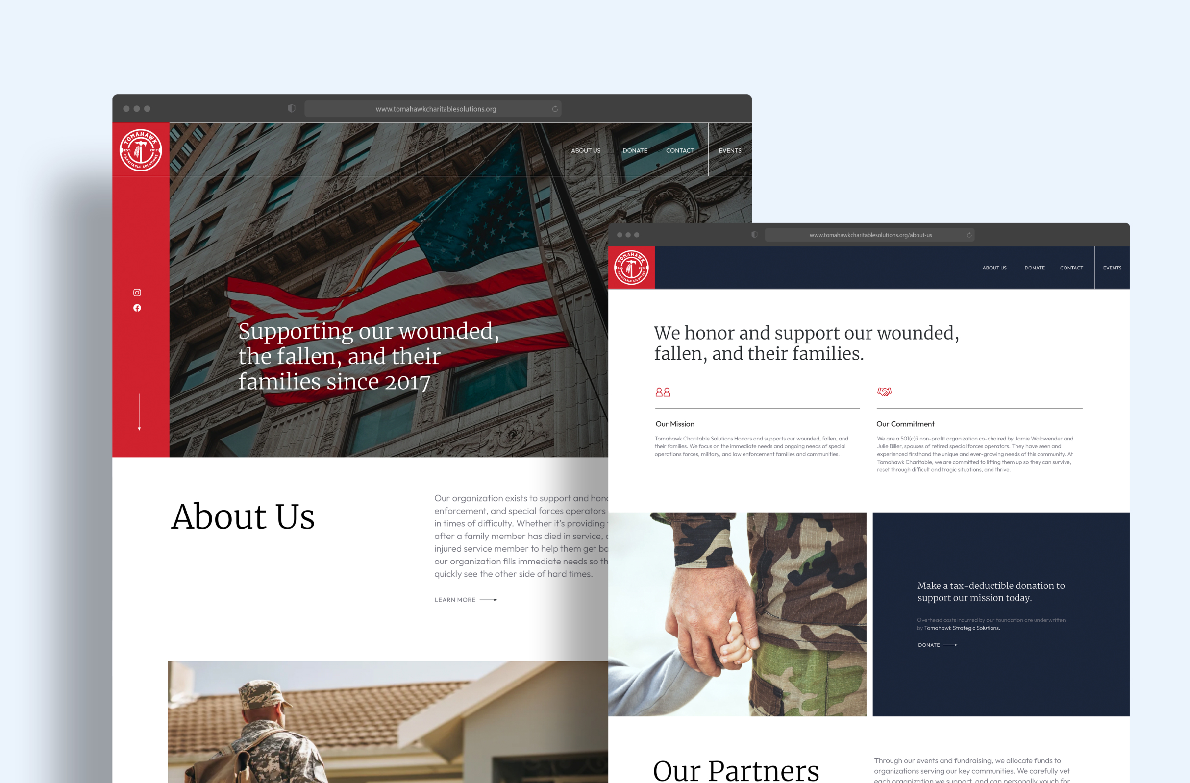 Tomahawk-CharitableSite Two overlapping website screenshots Tomahawk's charity supporting veterans. One shows a waving American flag on a building. The text reads "Supporting our wounded, the fallen, and their families since 2017." The other features a soldier holding hands with a child. The design is professional and compassionate.